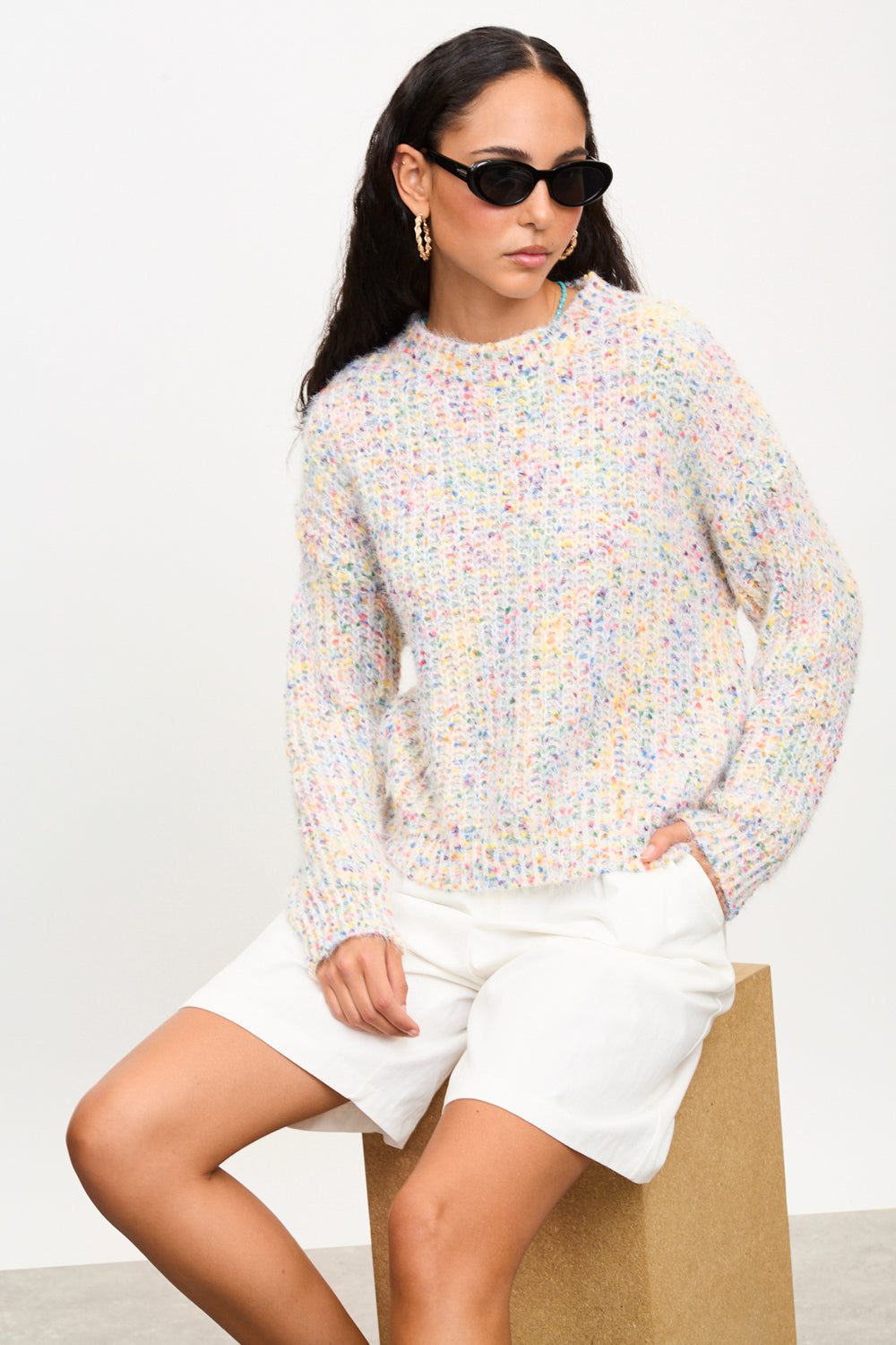 Ivory bold fuzzy rainbow fleck crew neck jumper_5