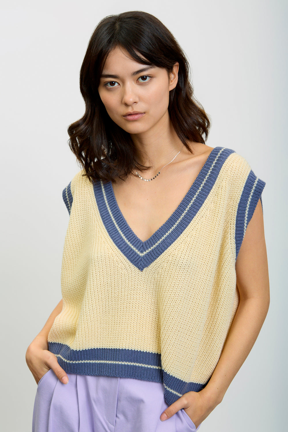 Ivory deep V varsity sweater vest_1