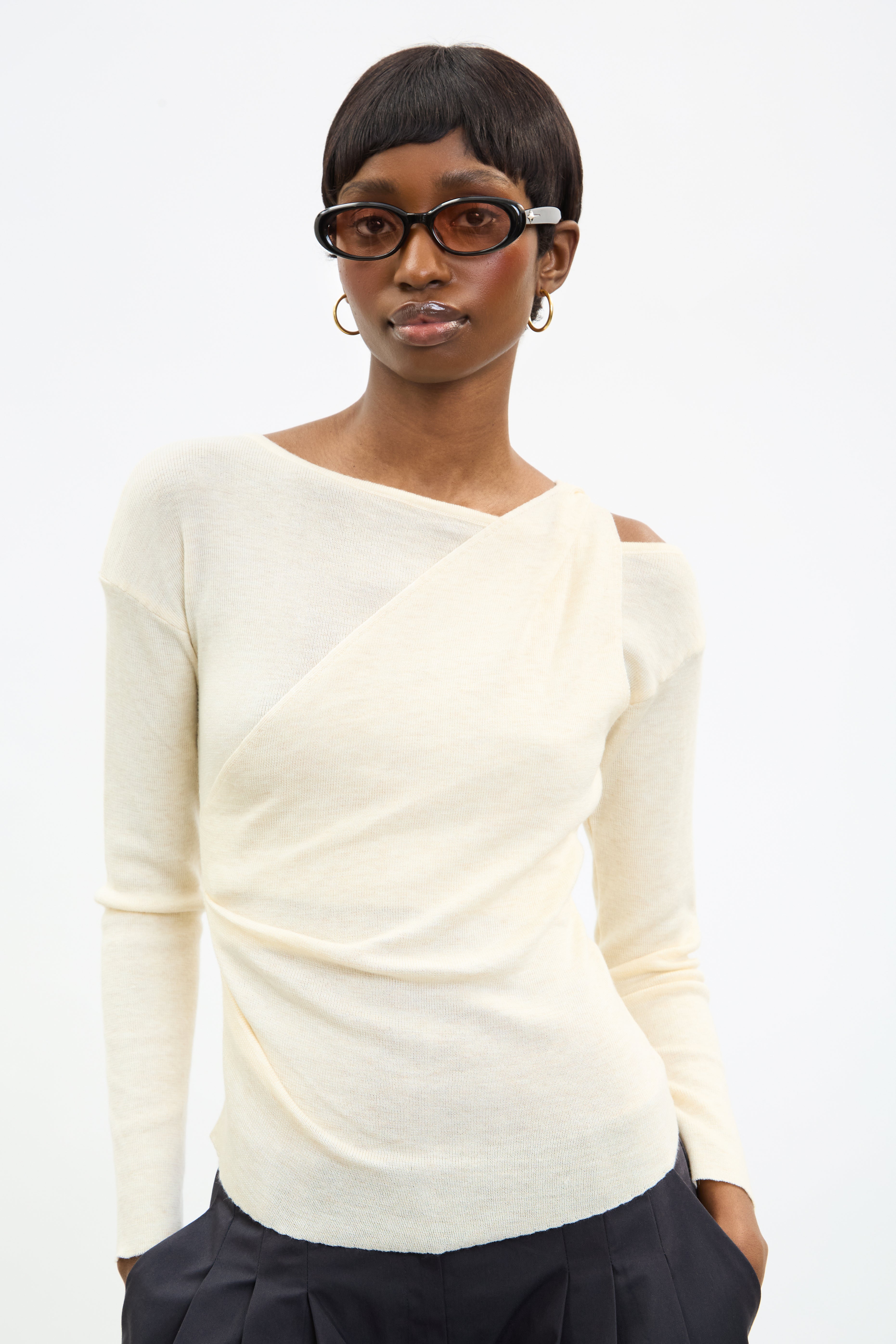 Ivory draped front long sleeve knit top_1