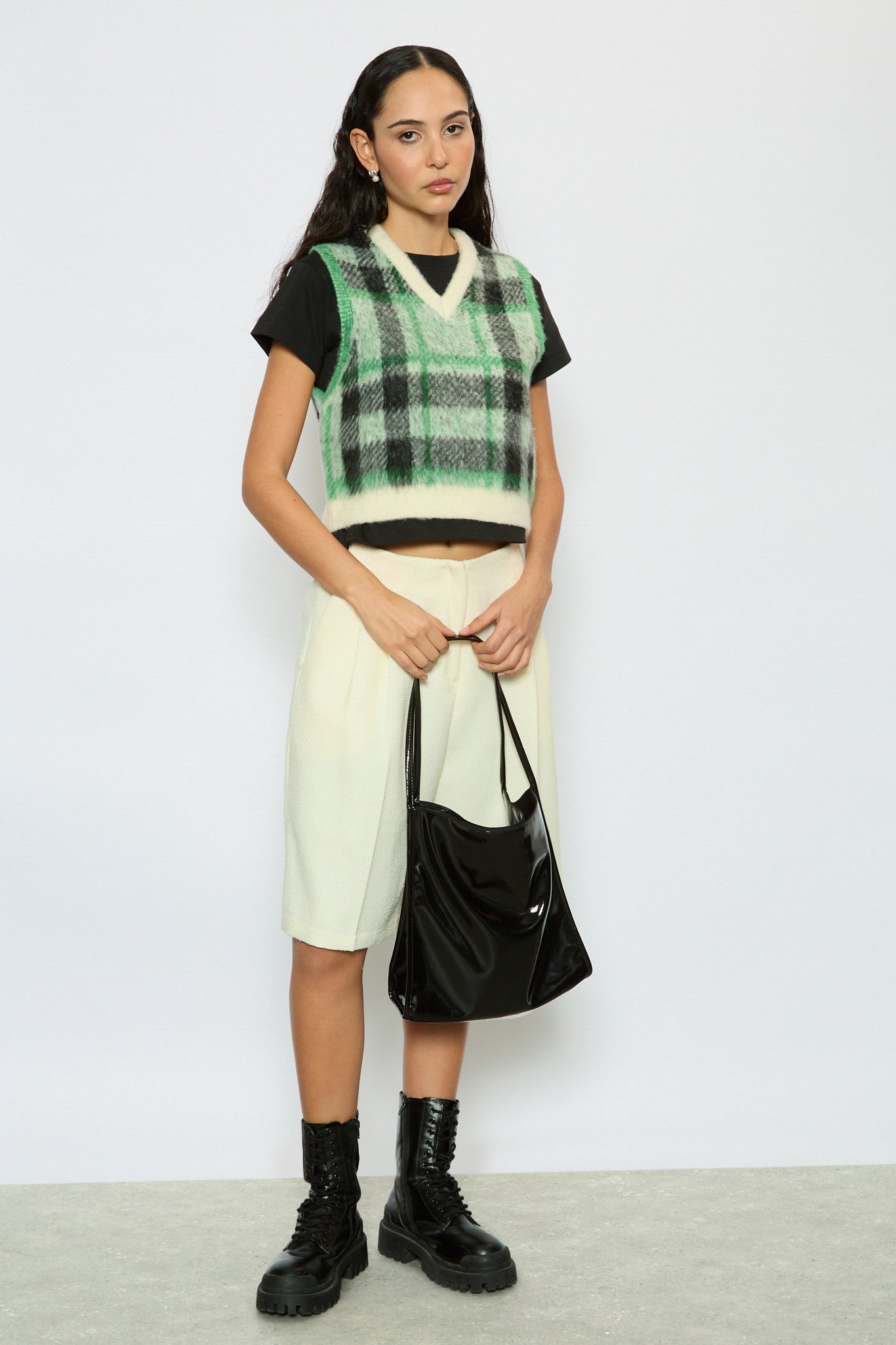 Ivory green and black fuzzy plaid sweater vest_4