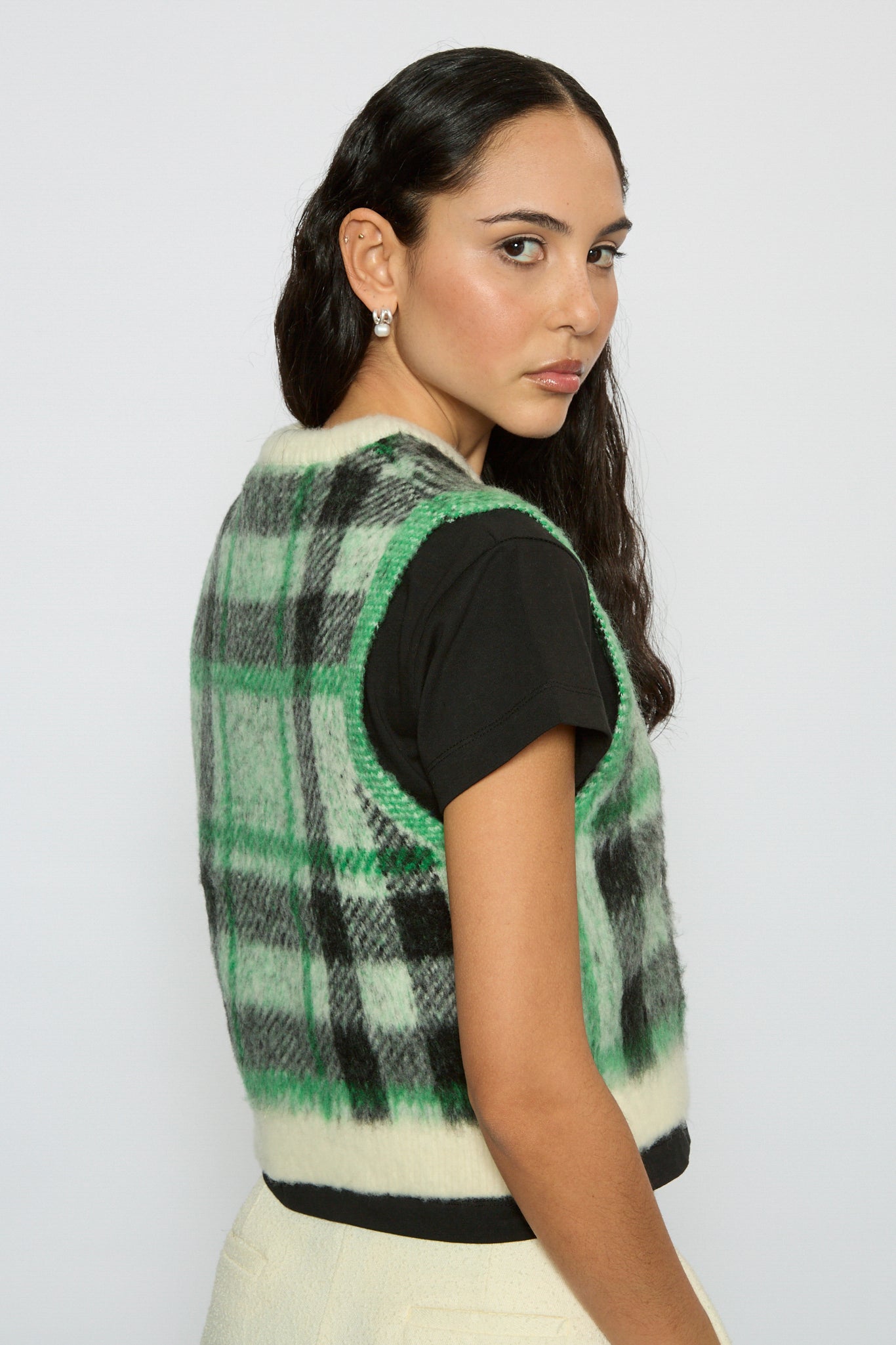 Ivory green and black fuzzy plaid sweater vest_2