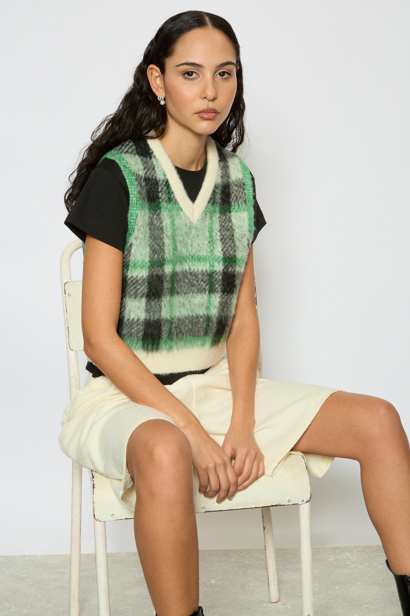 Ivory green and black fuzzy plaid sweater vest_5