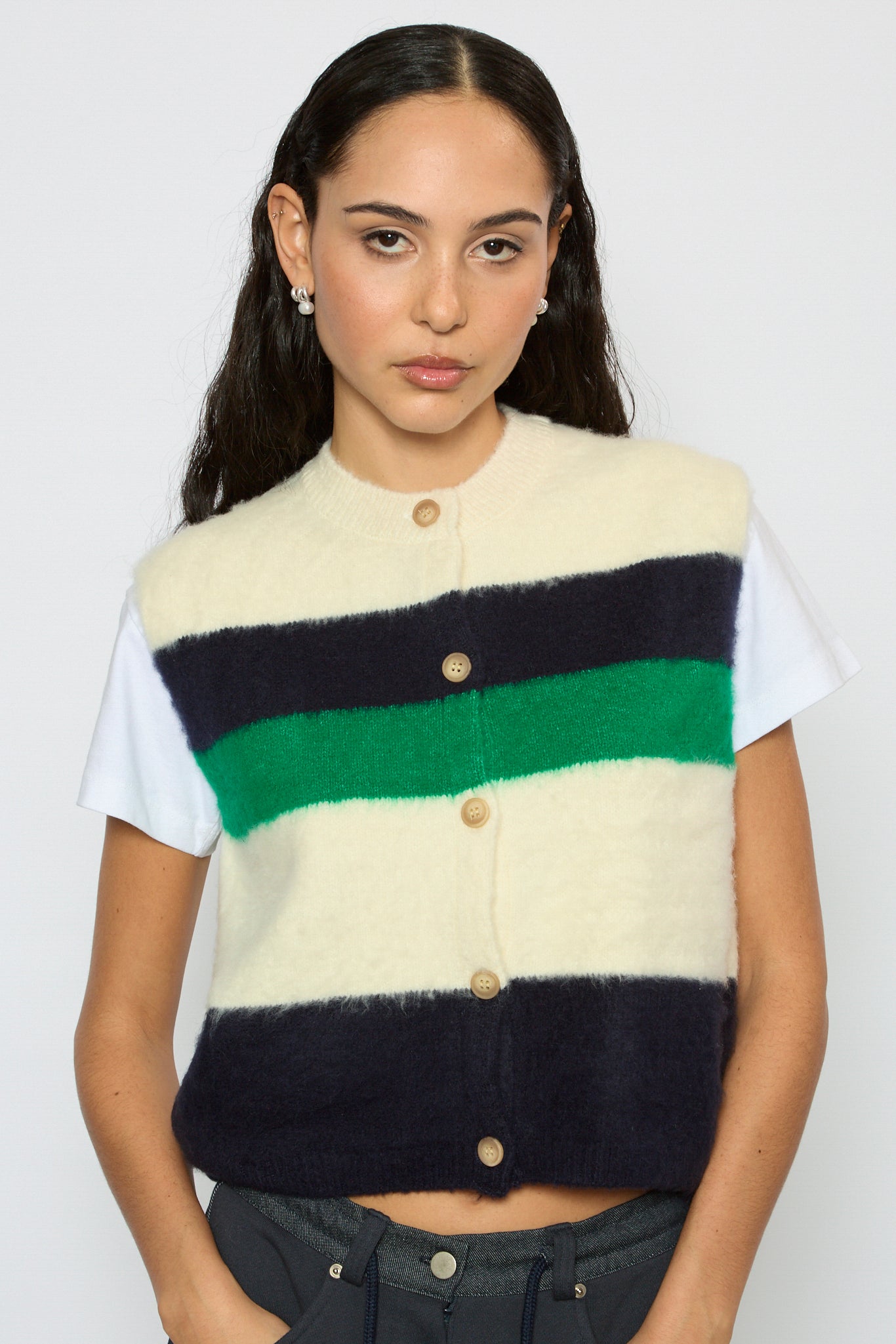 Ivory green and navy striped button up sweater vest_1