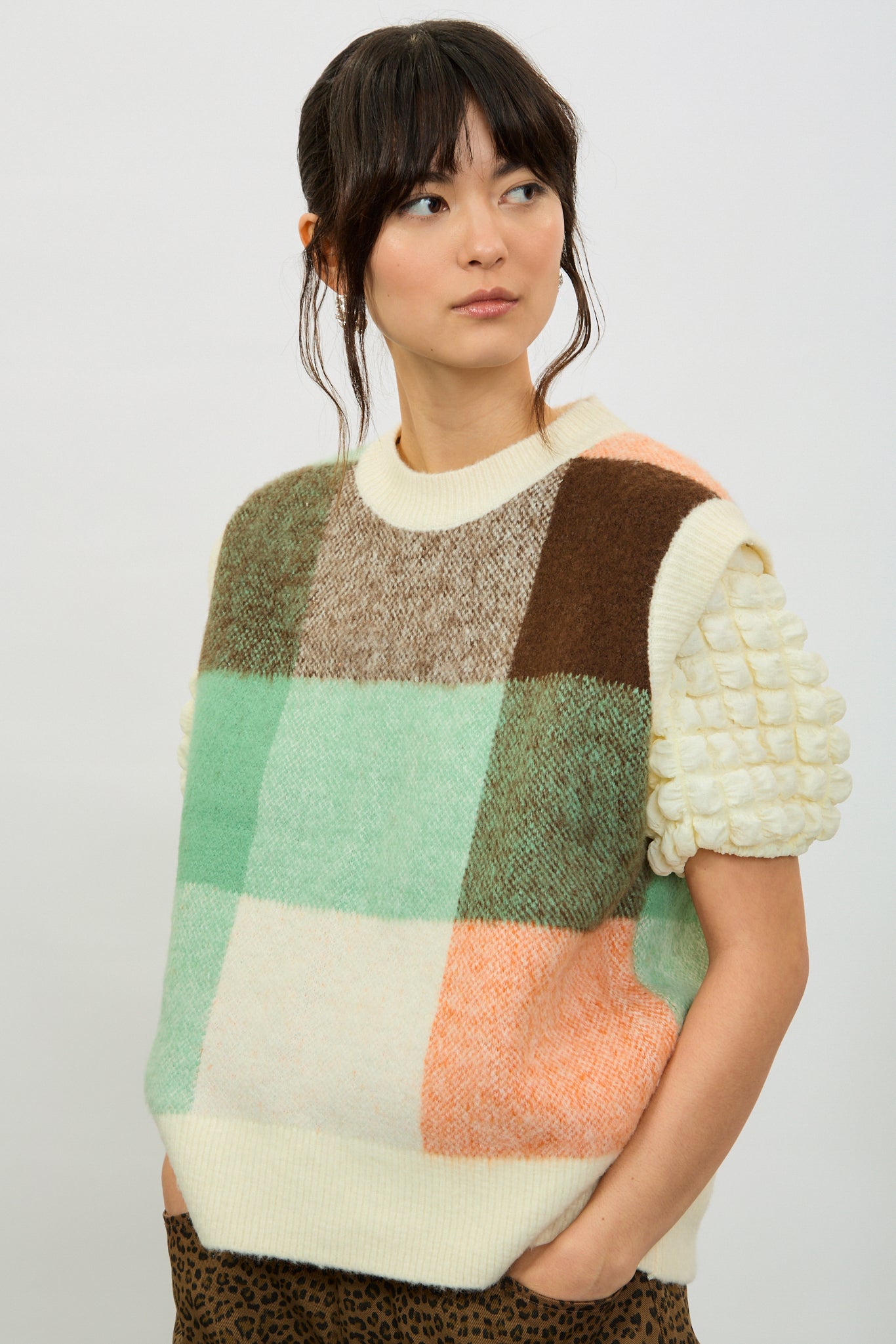 Ivory green and orange check sweater vest_2