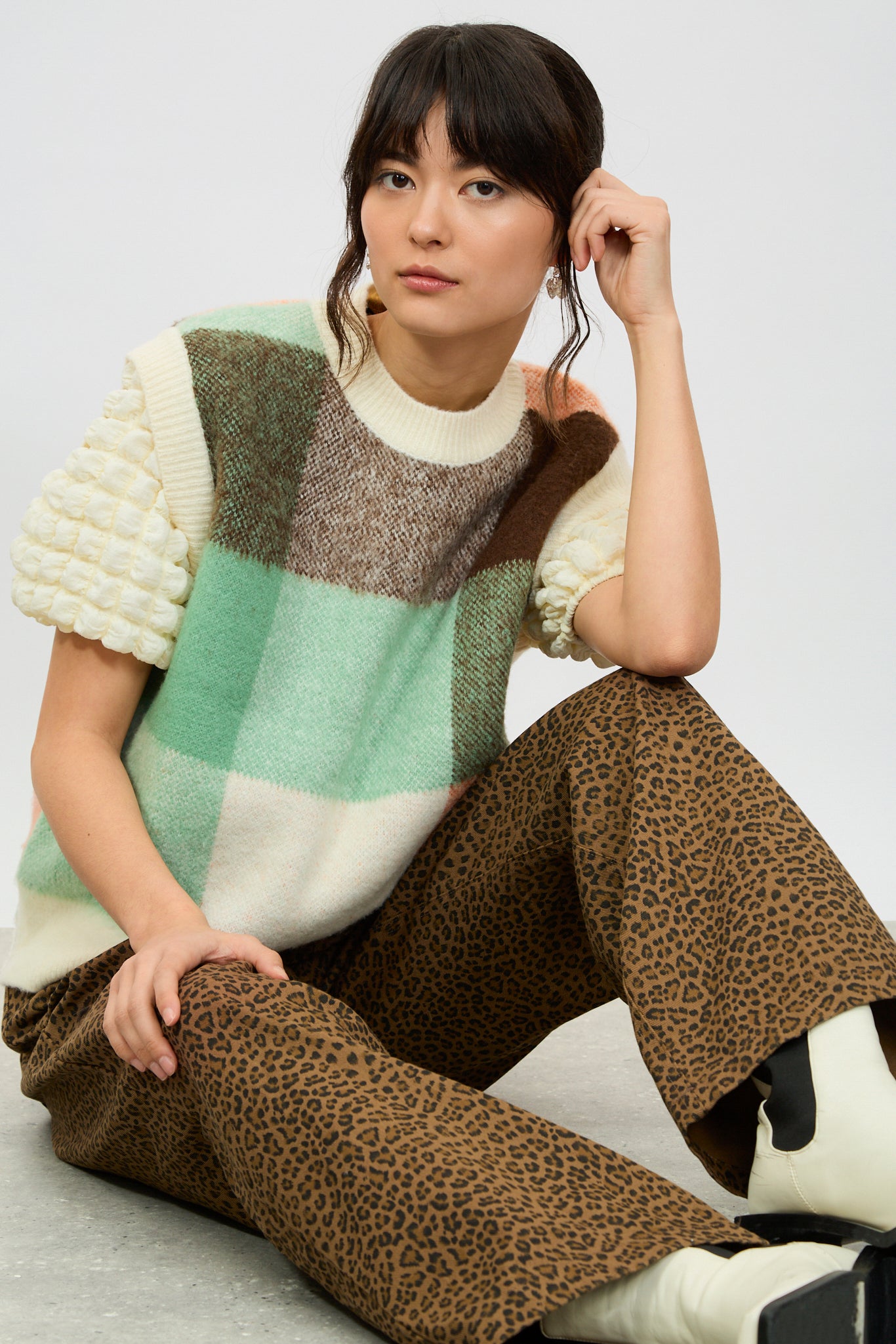 Ivory green and orange check sweater vest_1