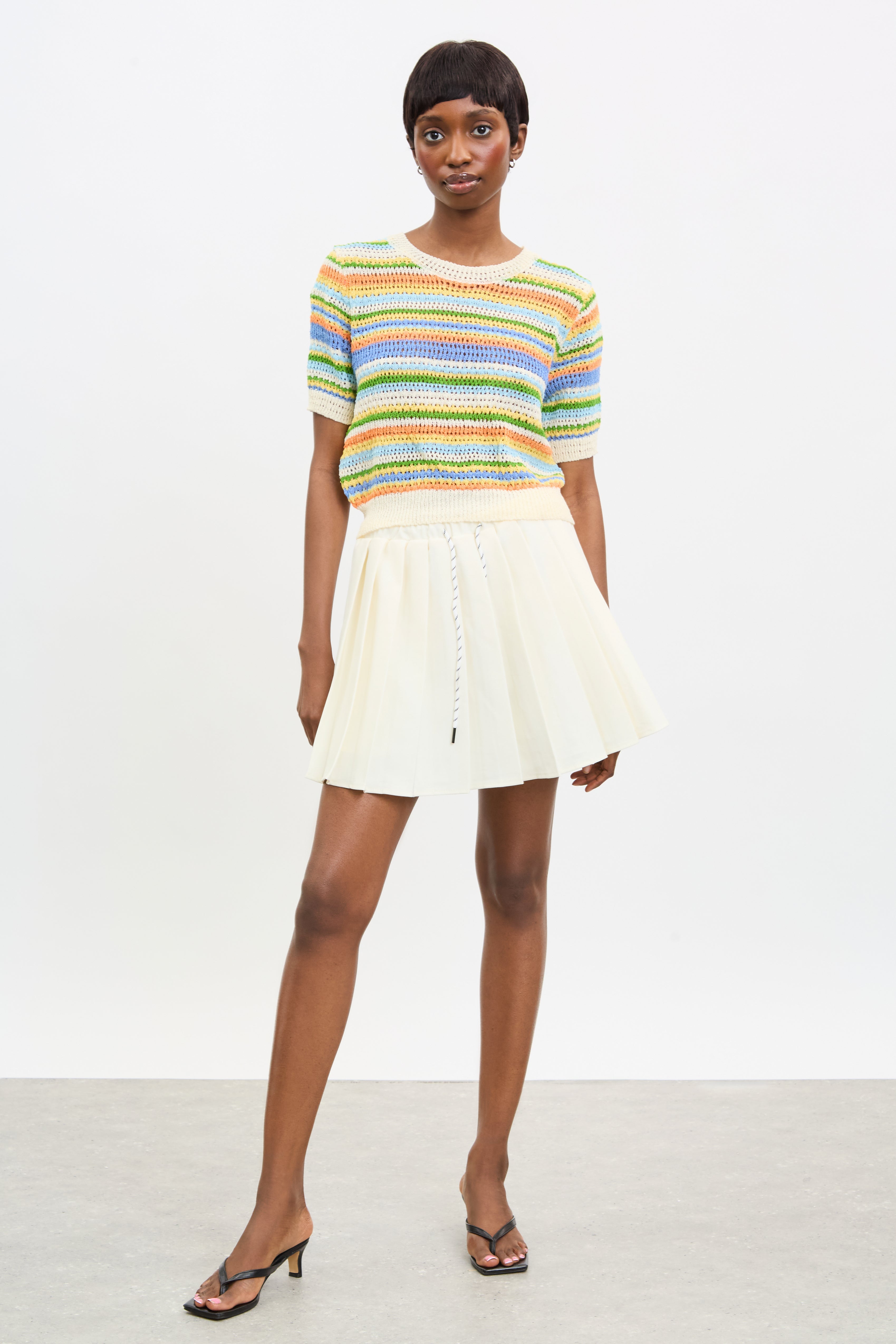 Ivory green and orange striped crochet knit tee_4