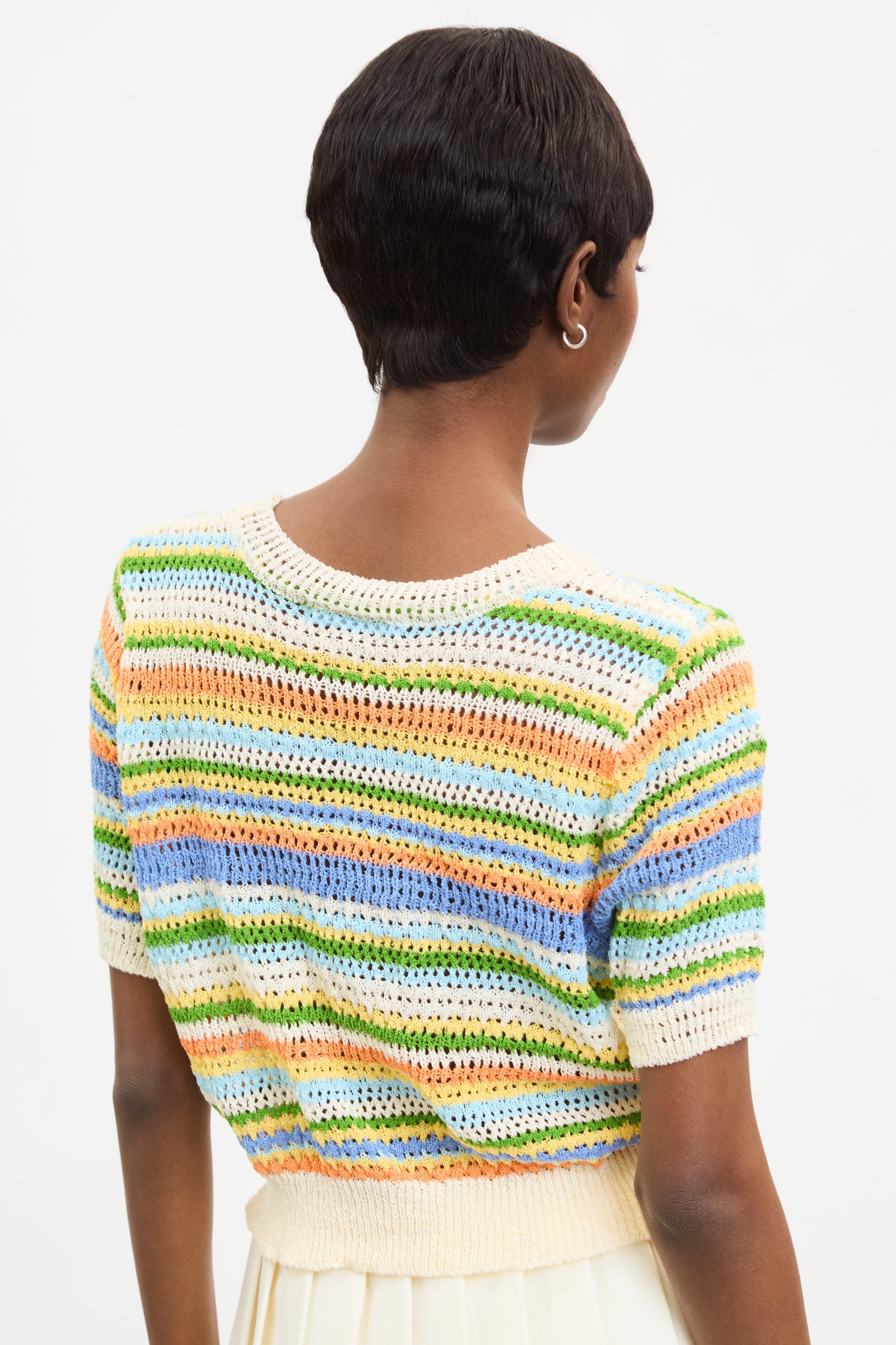 Ivory green and orange striped crochet knit tee_2