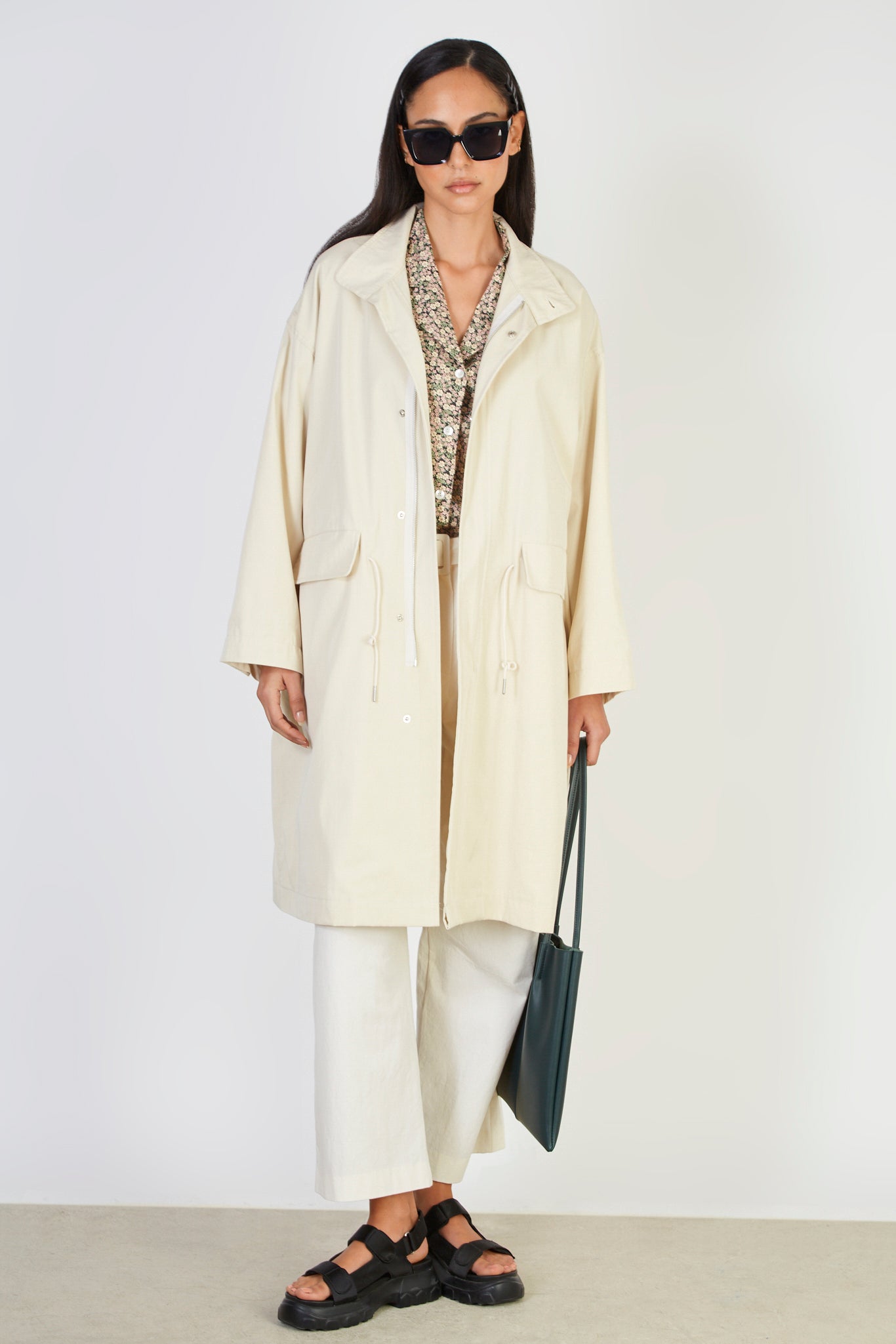 Ivory long cinch waist parka_1