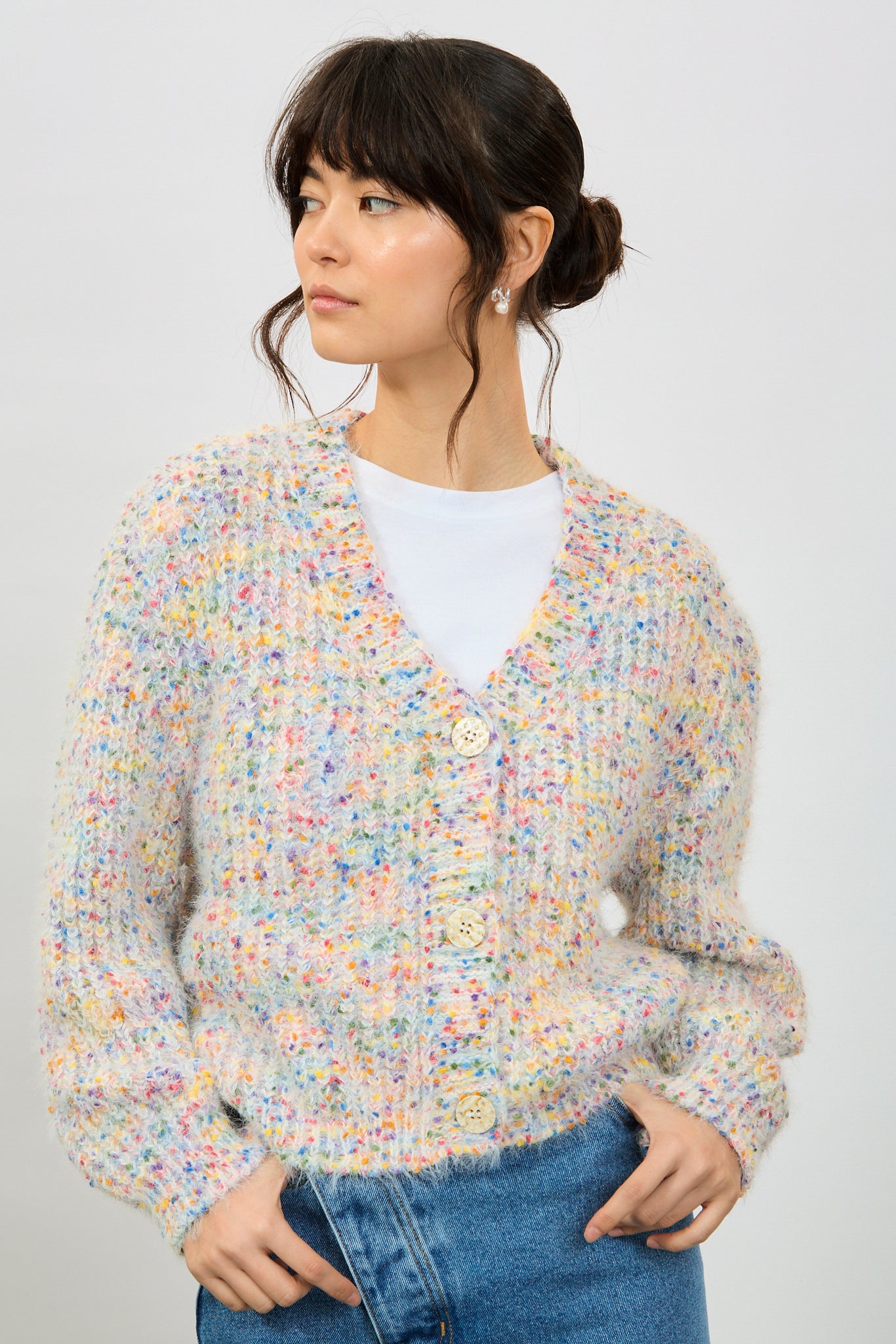 Ivory rainbow fleck fuzzy cardigan_1
