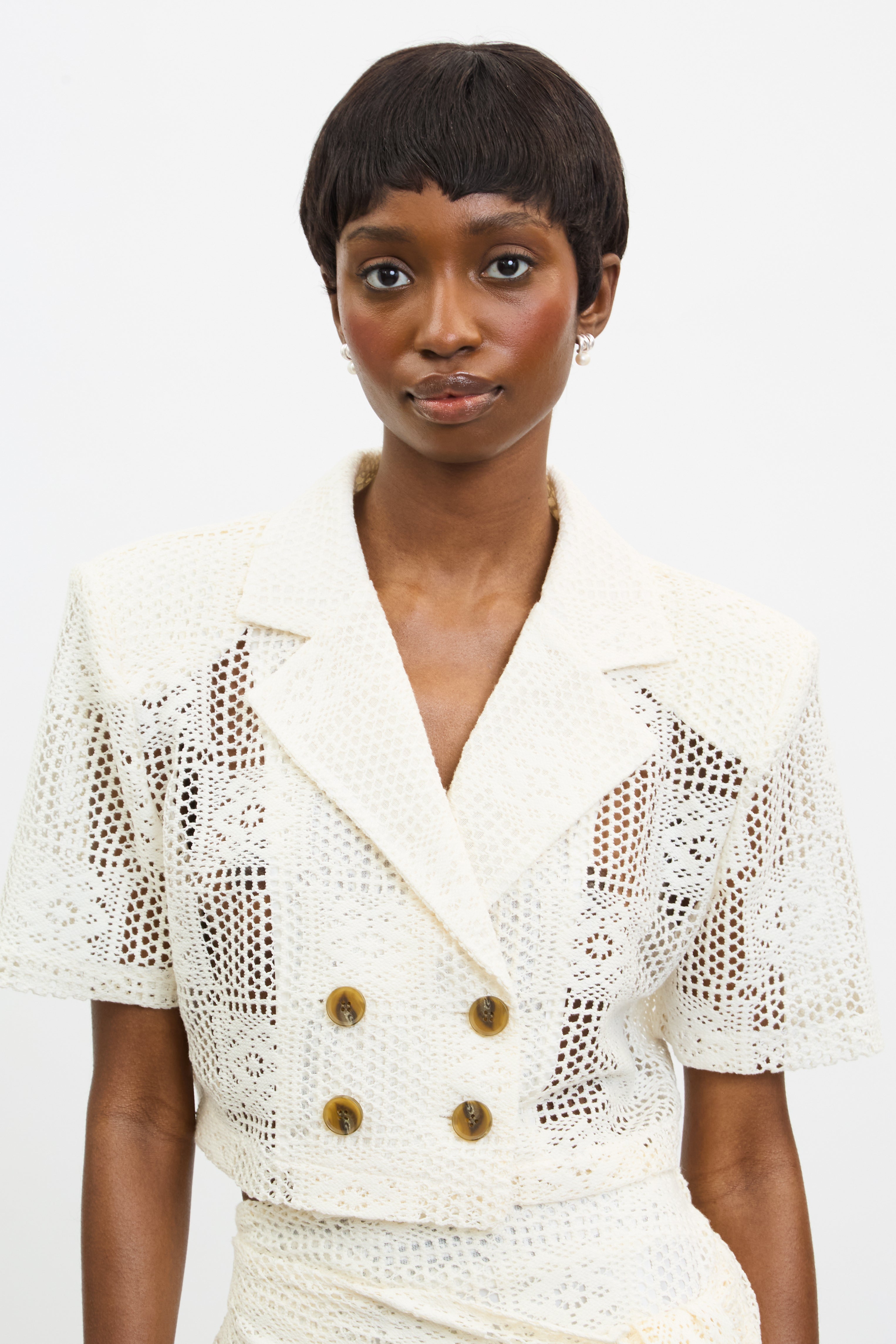 Ivory sheer lace double breasted shirt jacket | Glassworks London