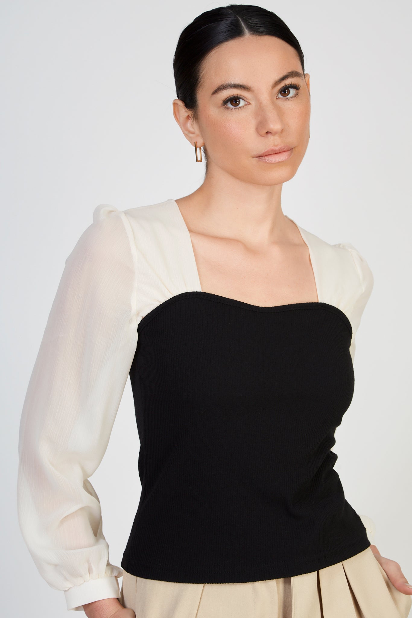 Ivory sheer sleeve black bodice blouse_1