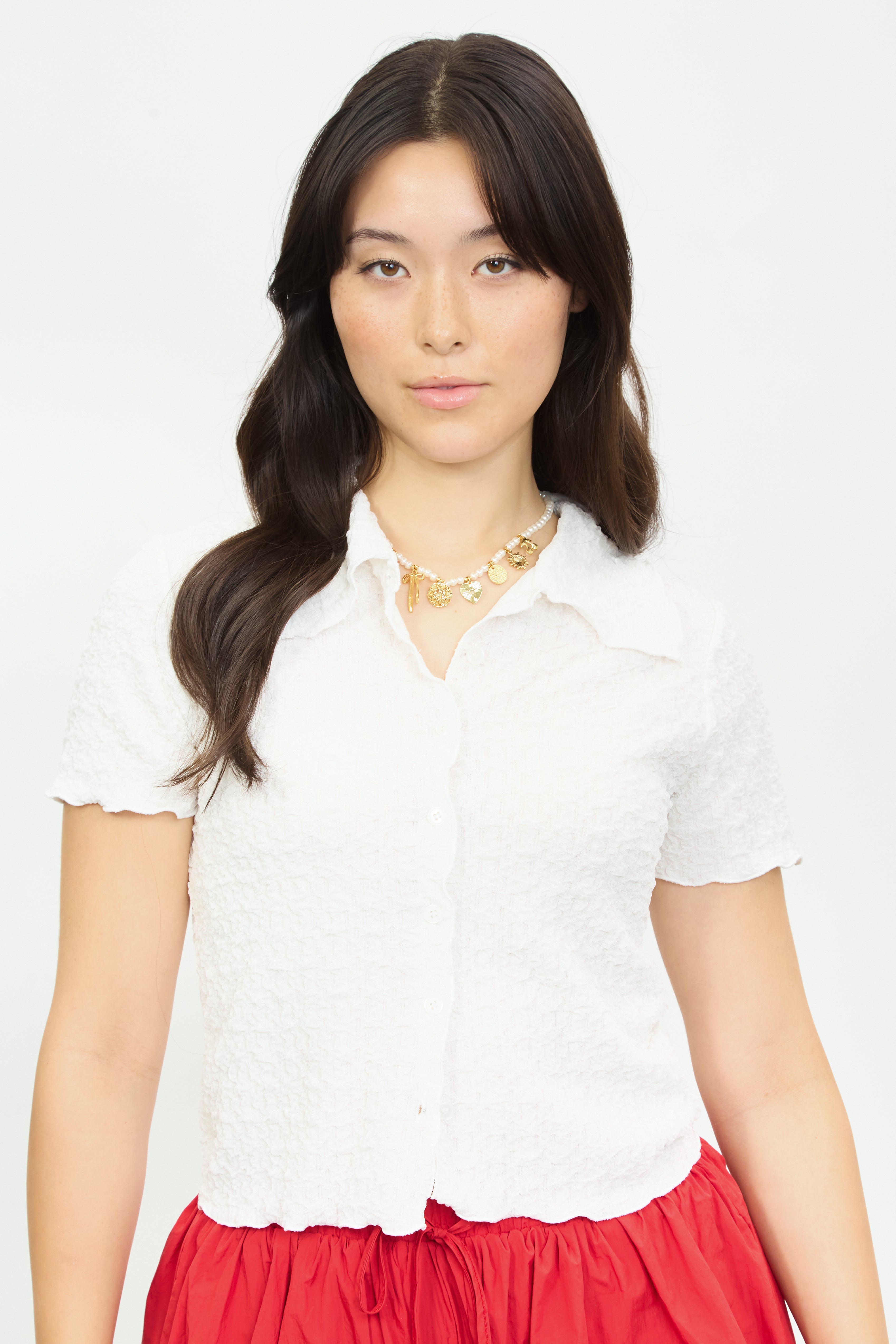Ivory textured lettuce trim short sleeve shirt_1