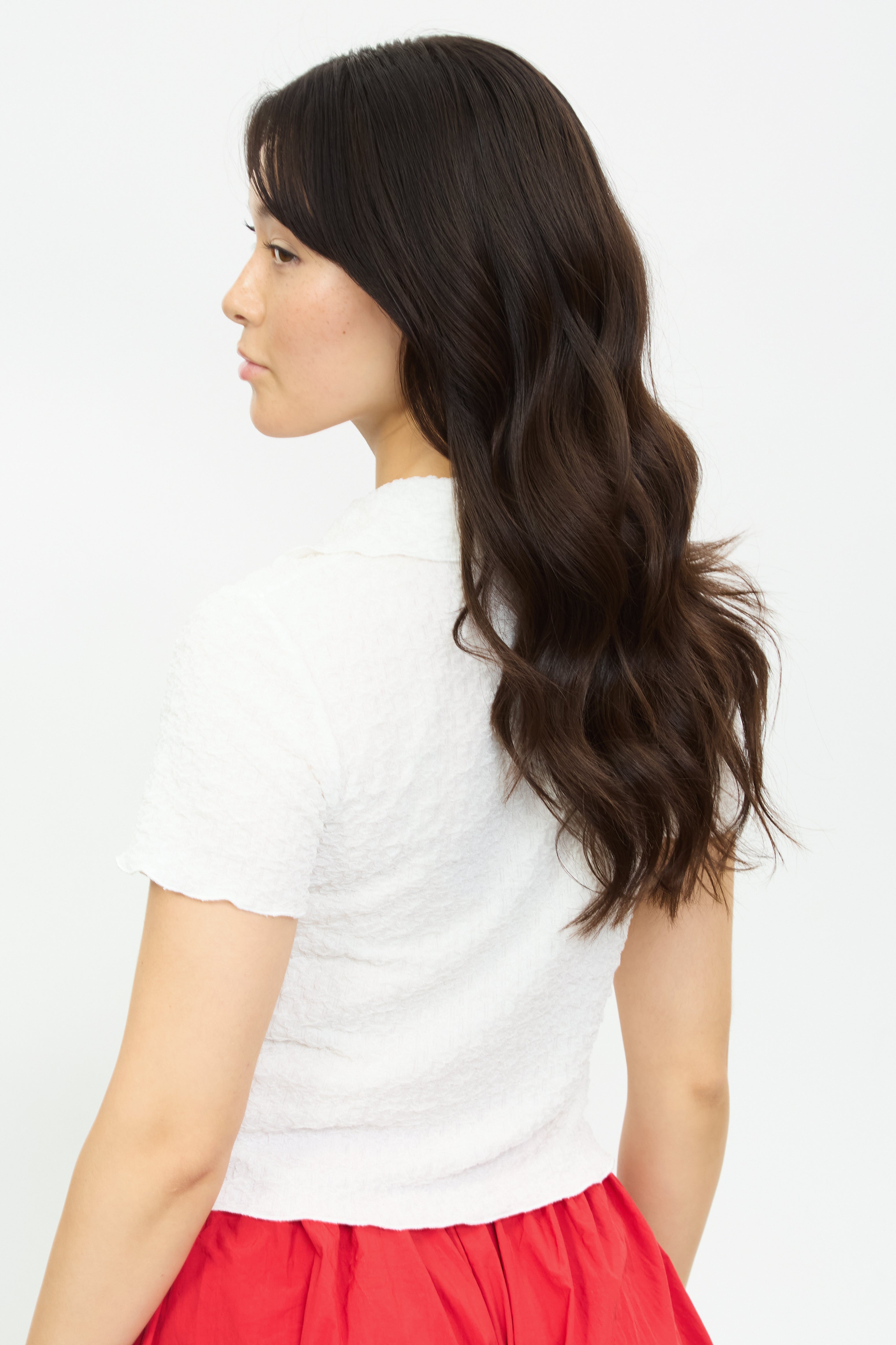 Ivory textured lettuce trim short sleeve shirt_2