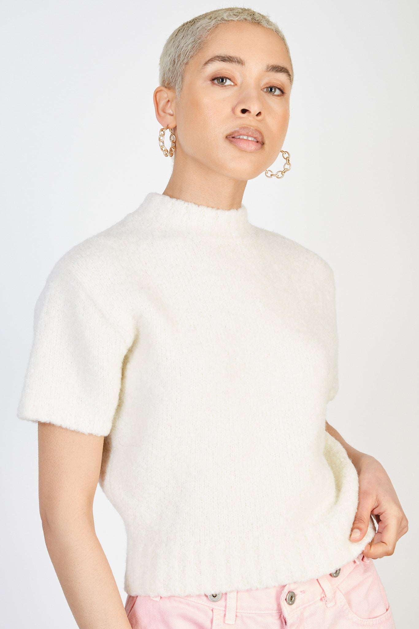 Ivory wool blend short sleeved knit top_1