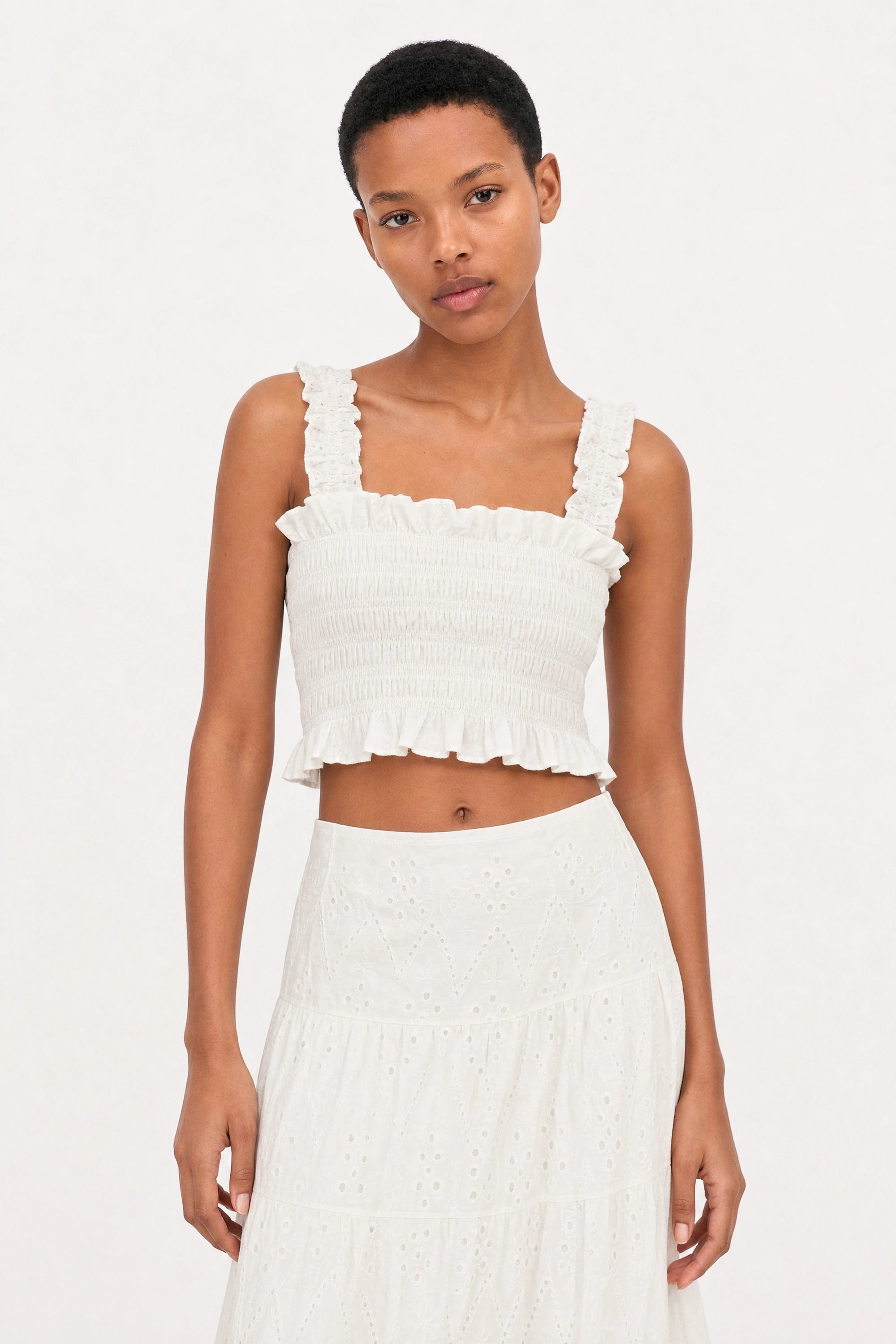 Ivory eyelet ruched tank top_3