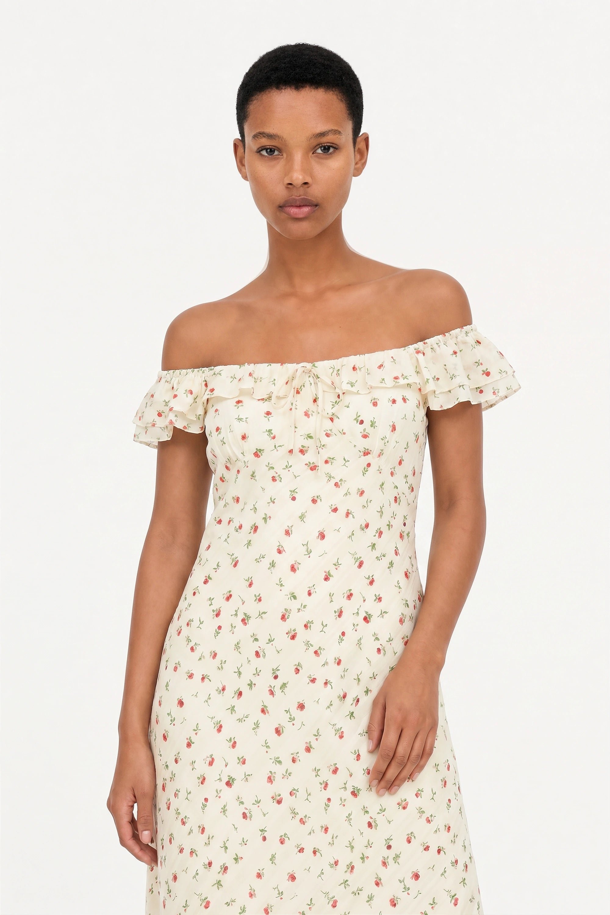 Ivory floral print frill straps silky dress_3