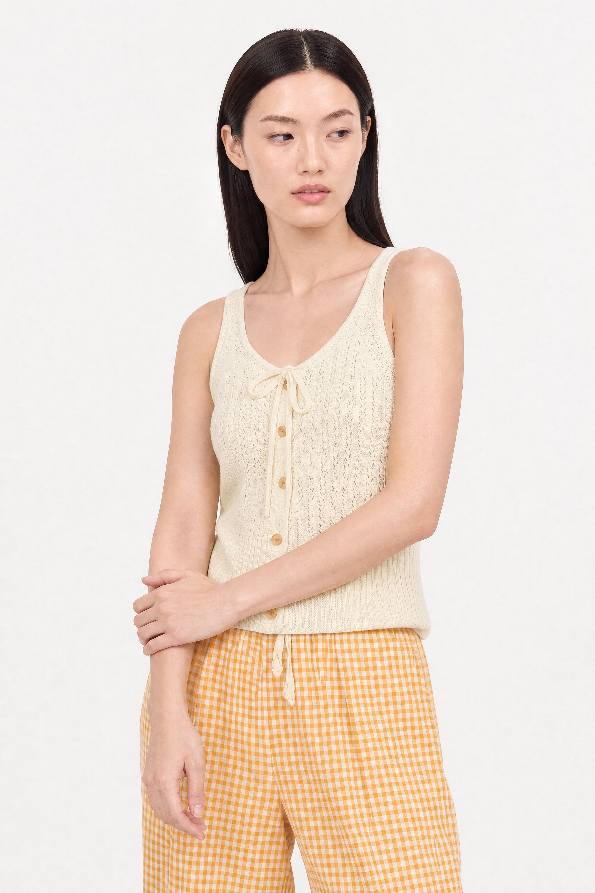 Ivory textured ribbed button front knit tank_2