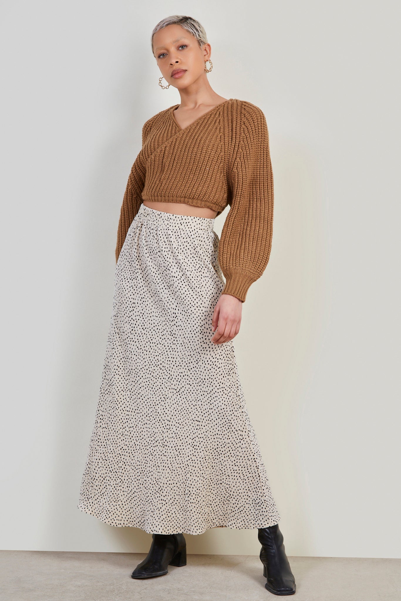 Ivory and black polka dot ribbed velvet maxi skirt_2