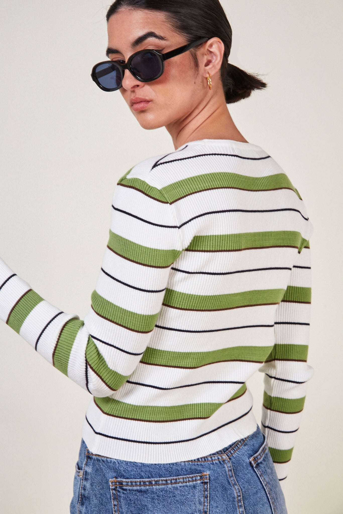 Ivory and green striped knit top_5