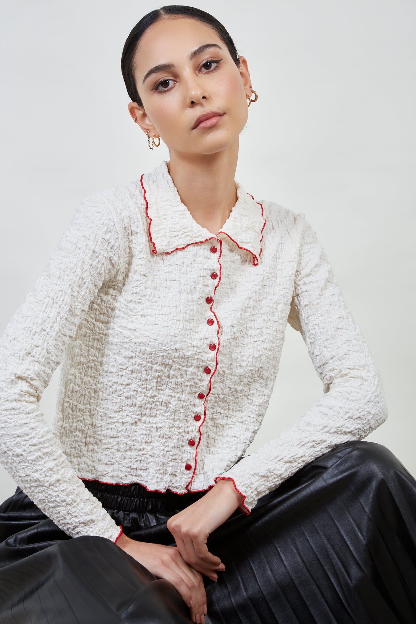 Ivory and red trim button up top_1