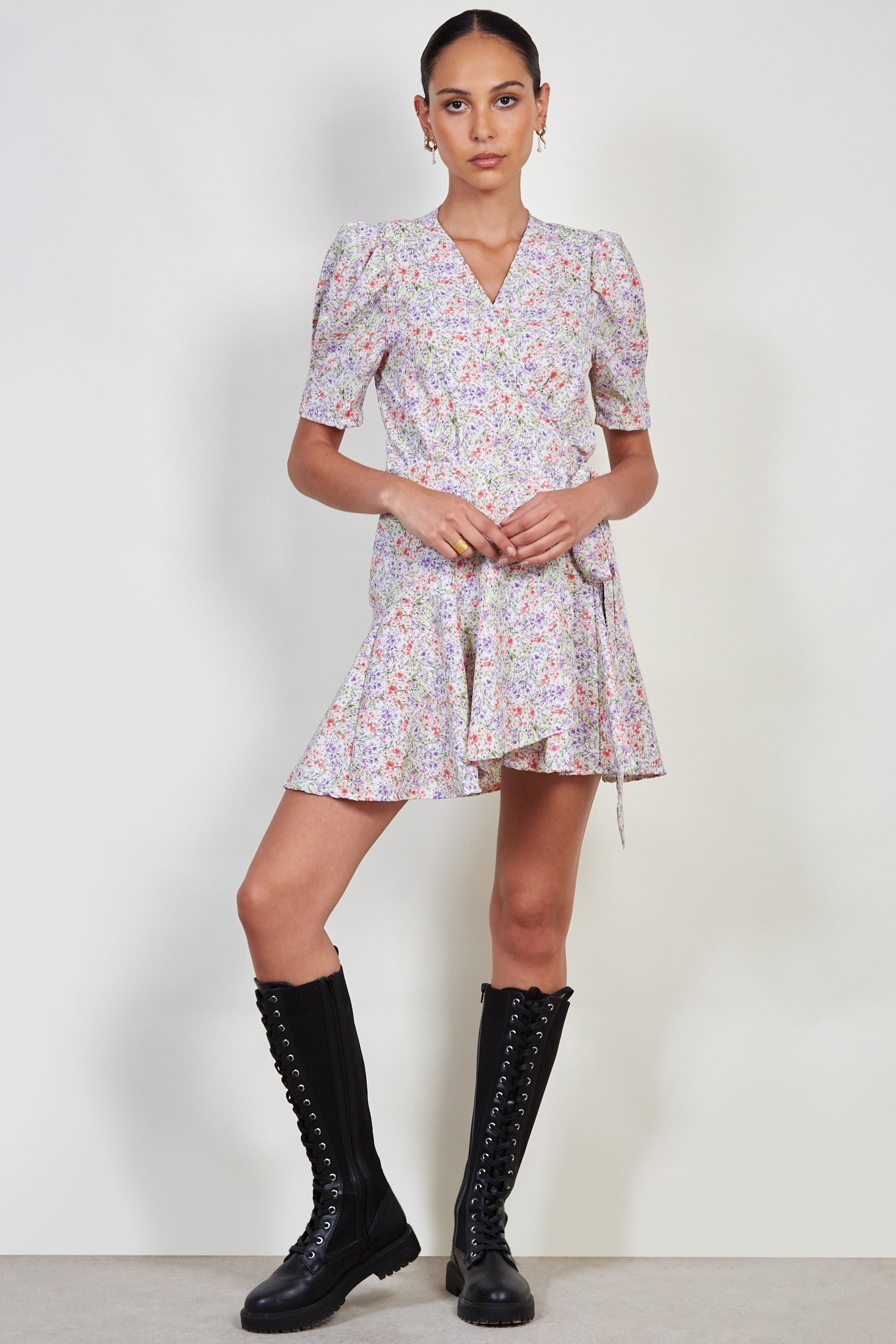 Ivory bright floral print side tie dress_4