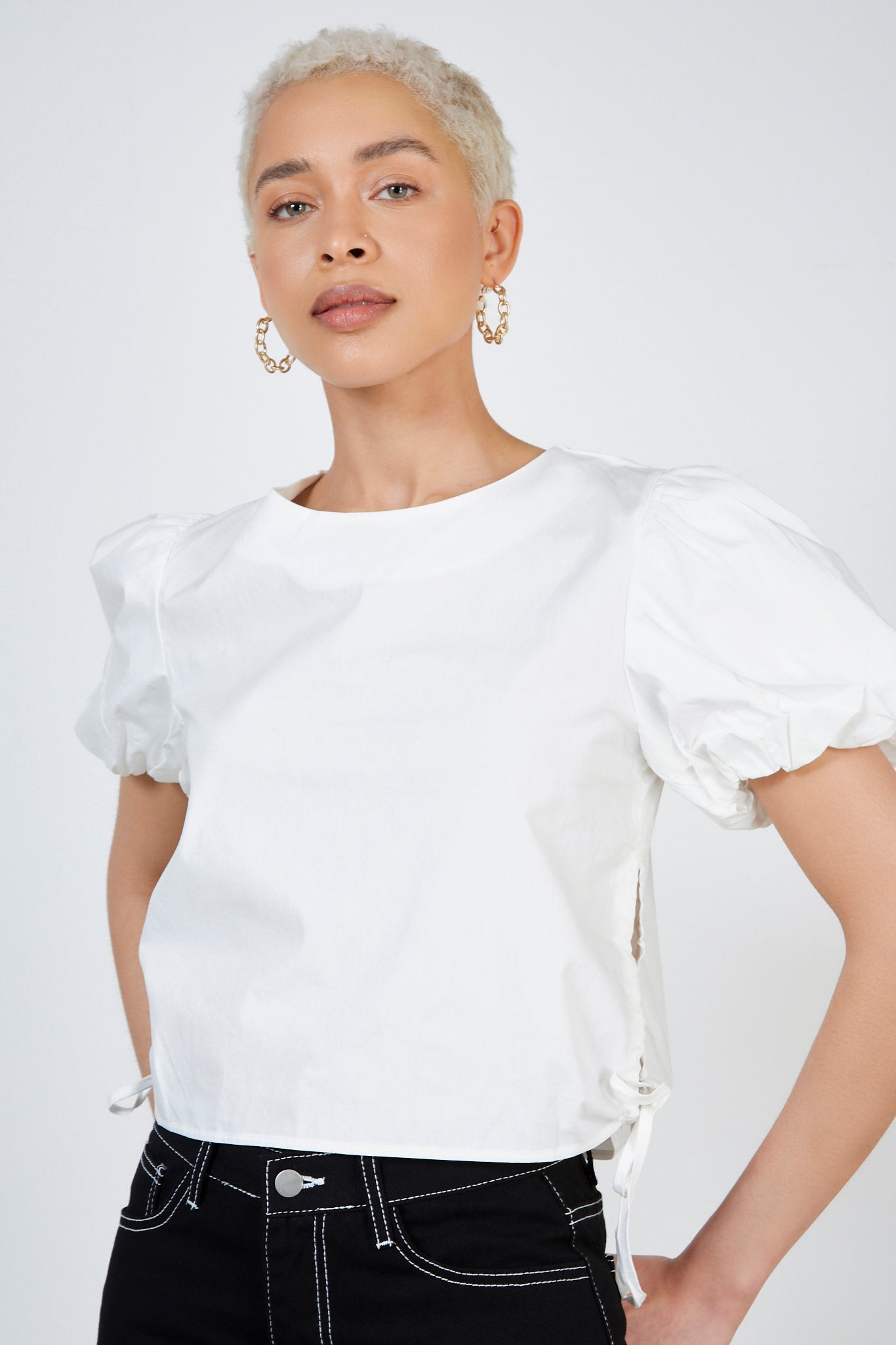 Ivory puff sleeve tie side top_1