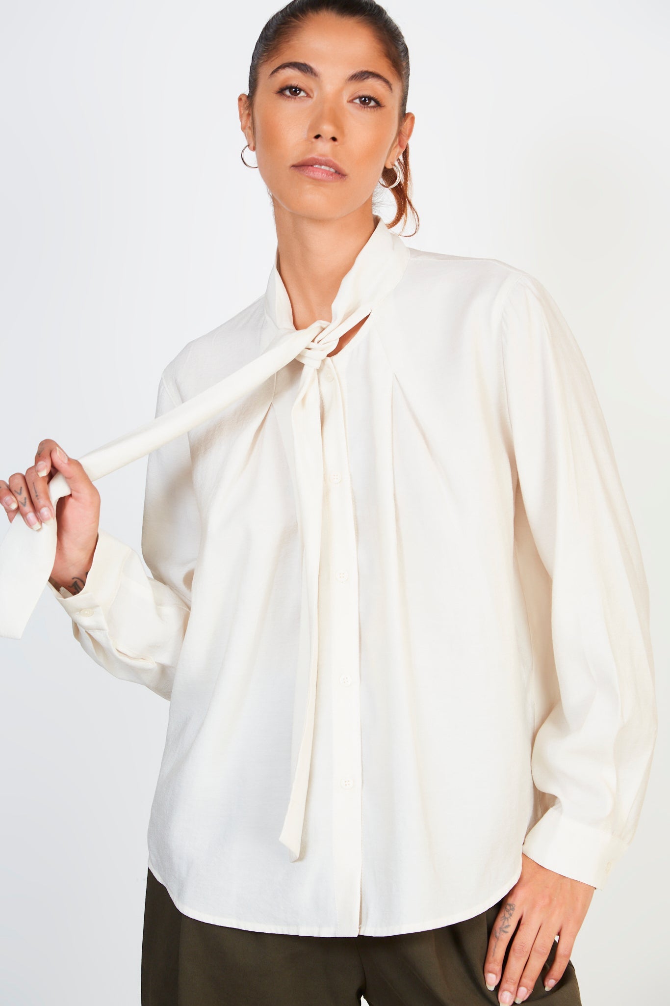 Ivory silky tie neck blouse_1