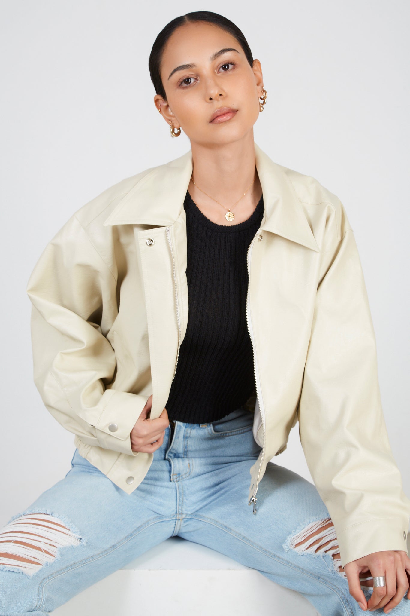 Ivory vegan leather zip up jacket_6
