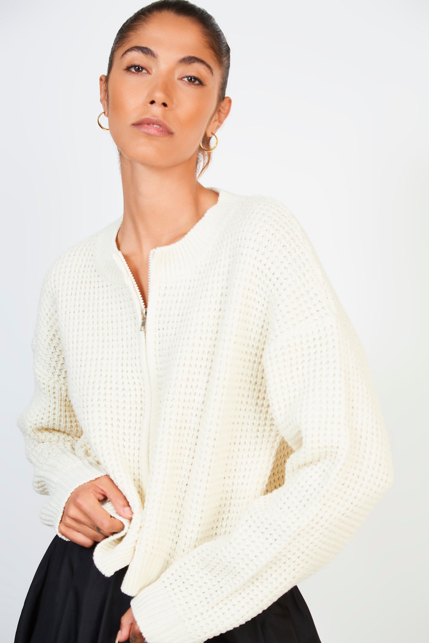Ivory waffle knit zip cardigan_1