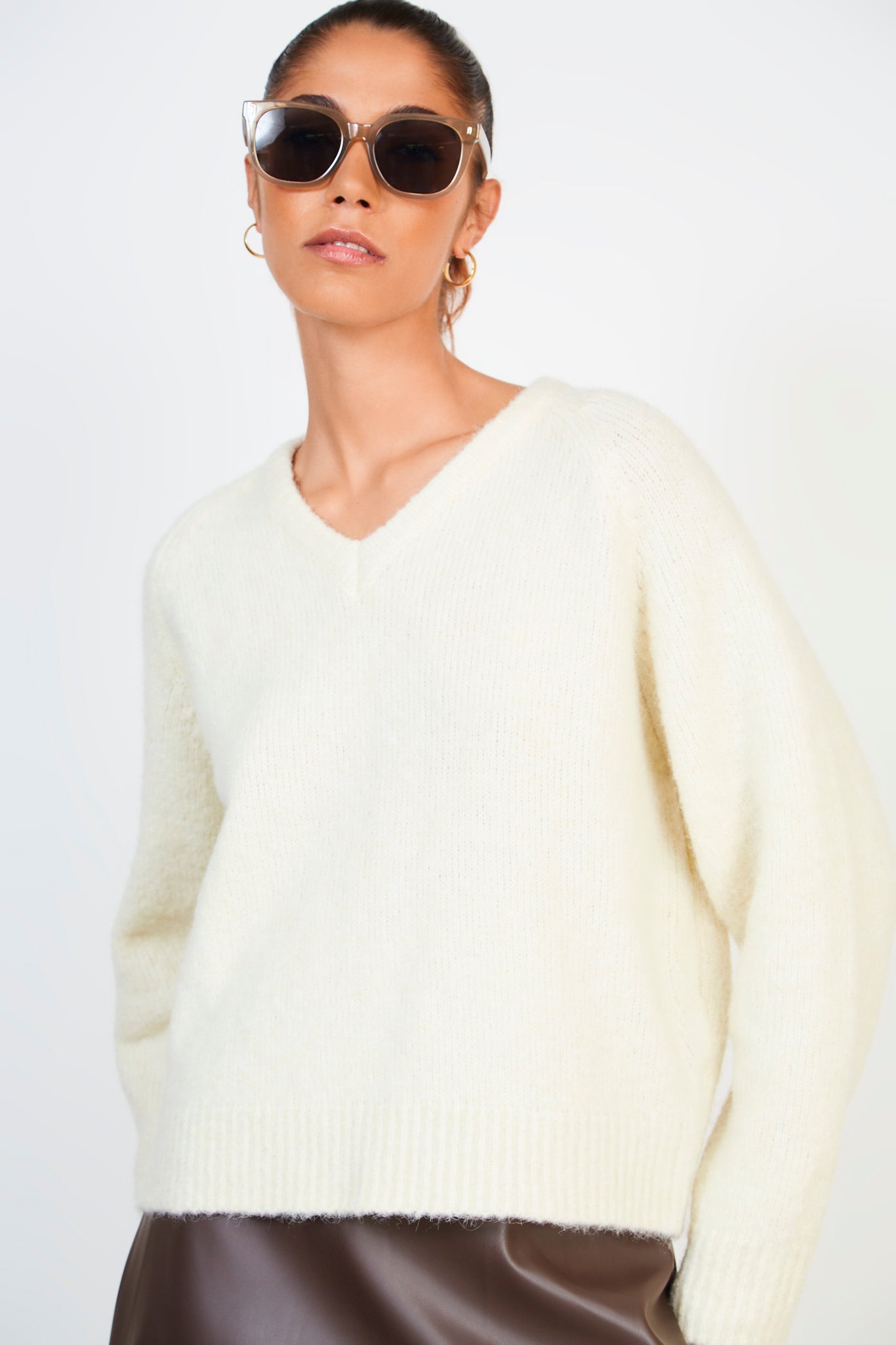 Ivory wool blend v neck jumper_1