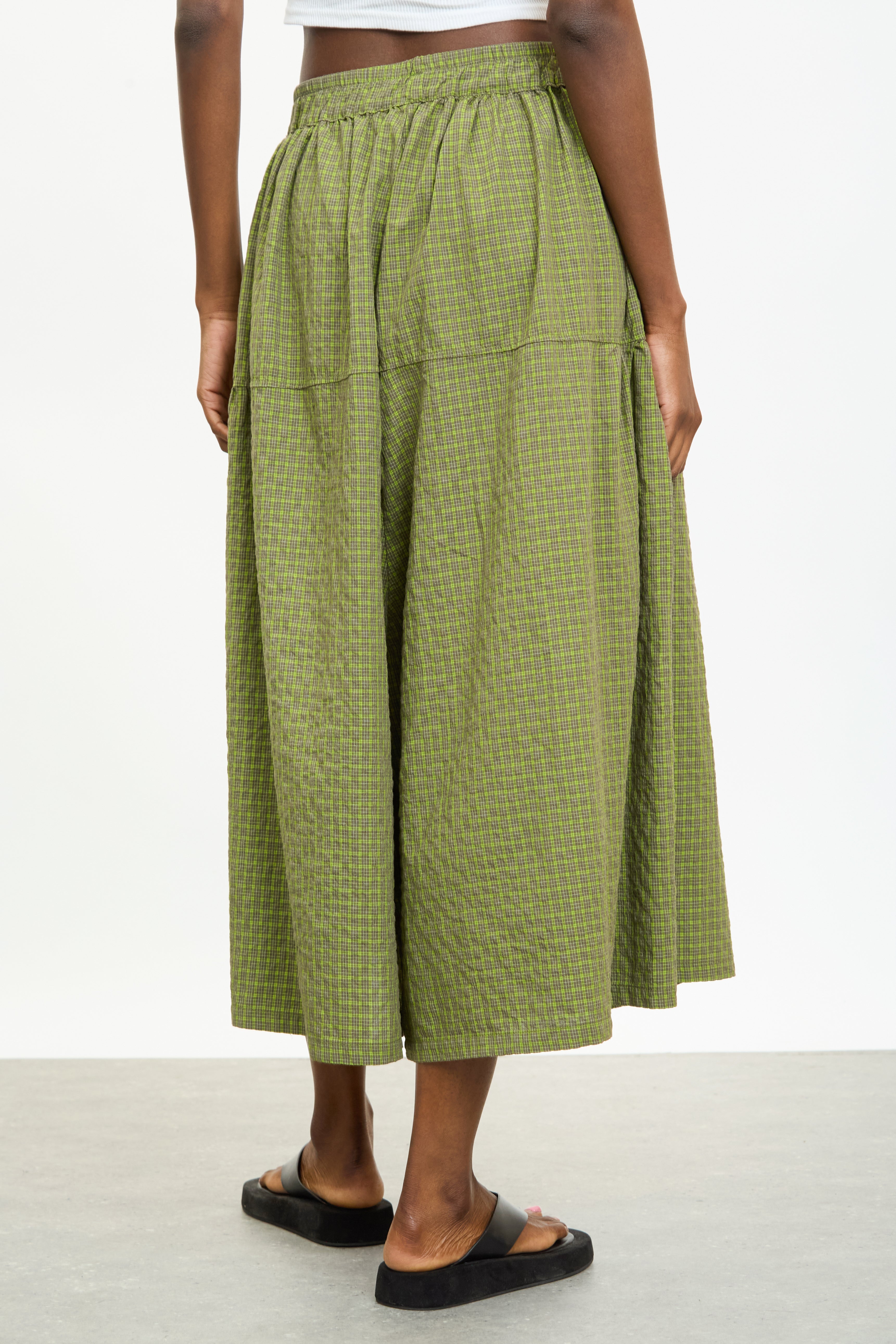 Khaki and white box check flowing trousers_2