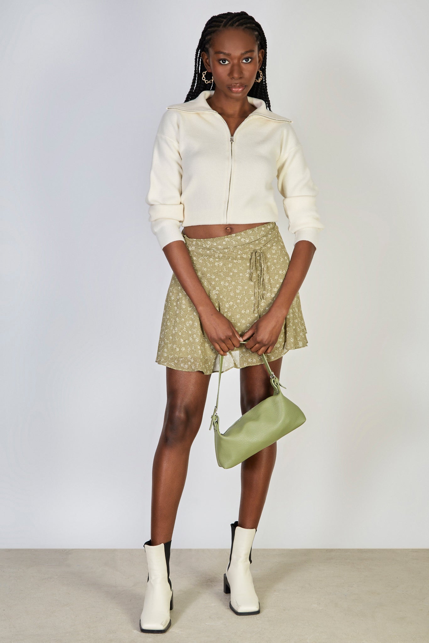 Khaki and white floral print floaty mini skirt_4