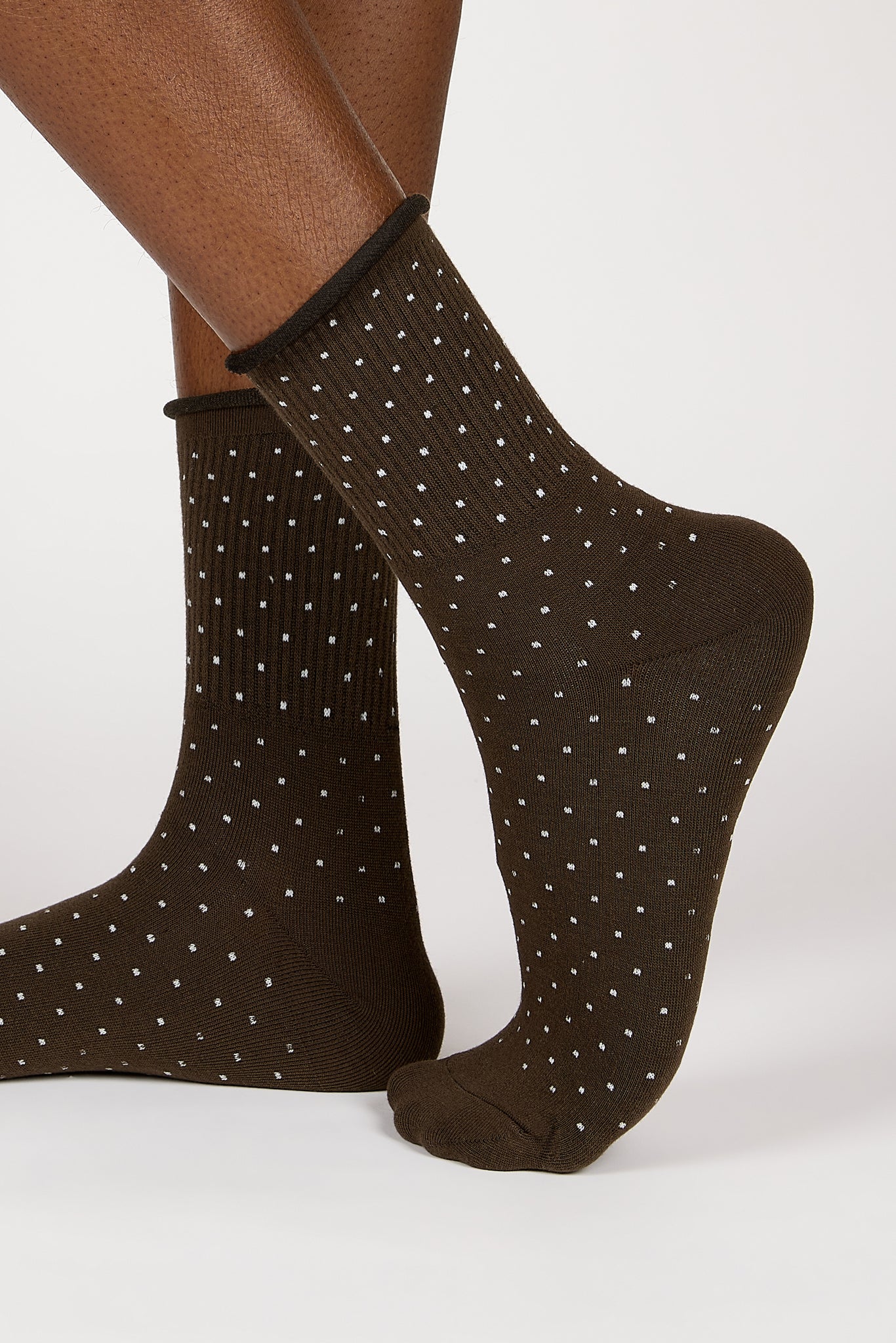 Khaki and white polka dot roll trim socks_1
