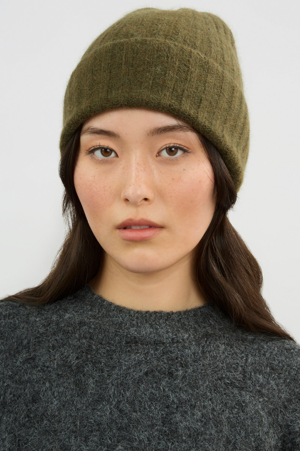 Khaki angora wool blend large ribbed beanie hat_3
