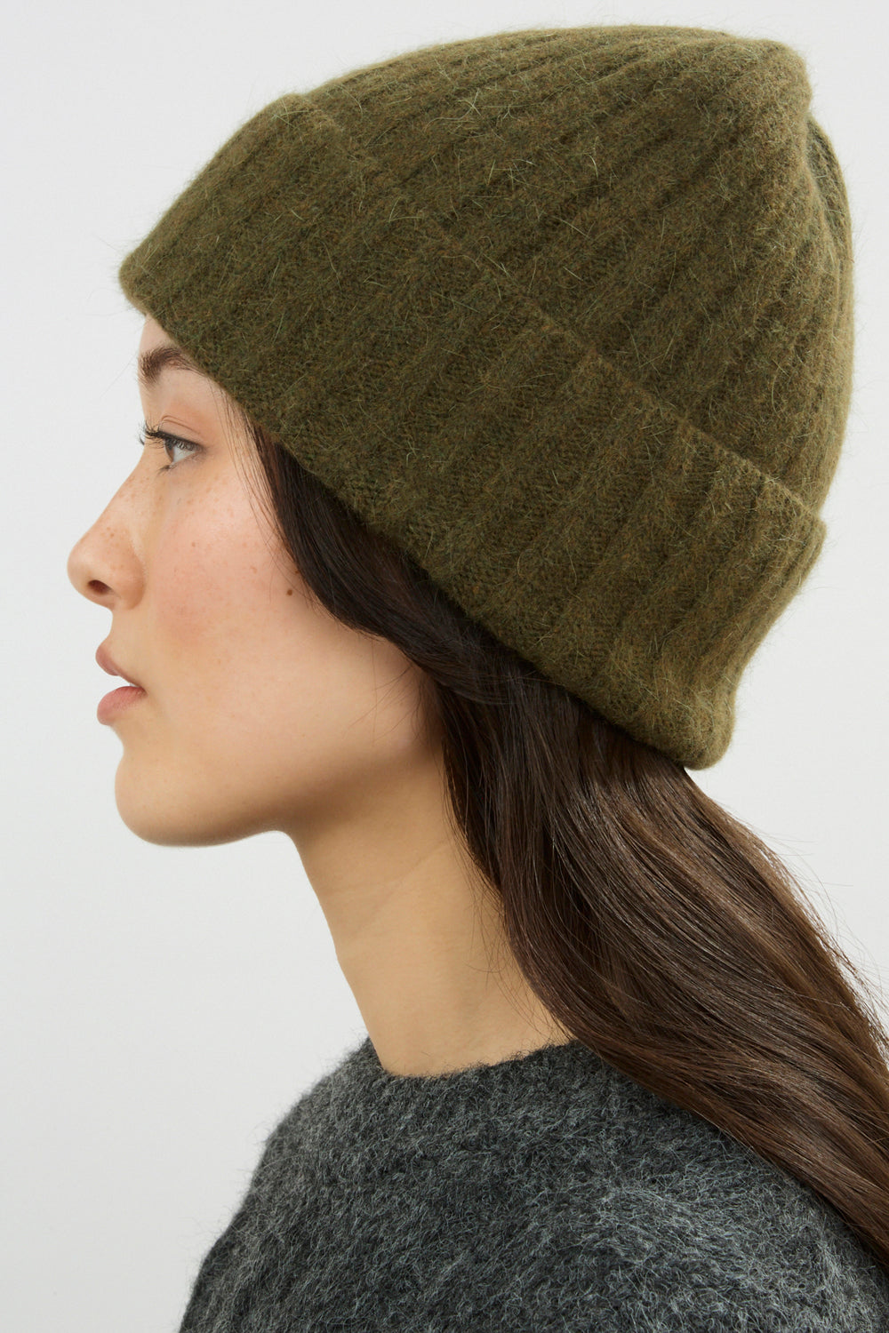 Khaki angora wool blend large ribbed beanie hat_4
