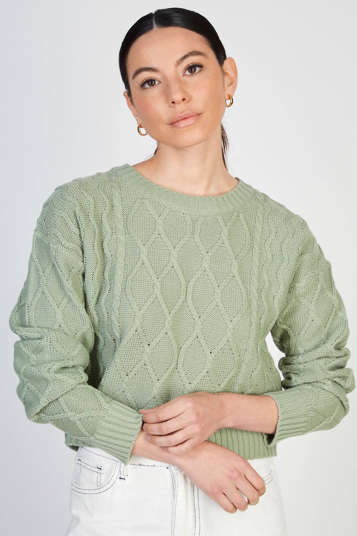 Khaki diamond weave cableknit washed jumper_1