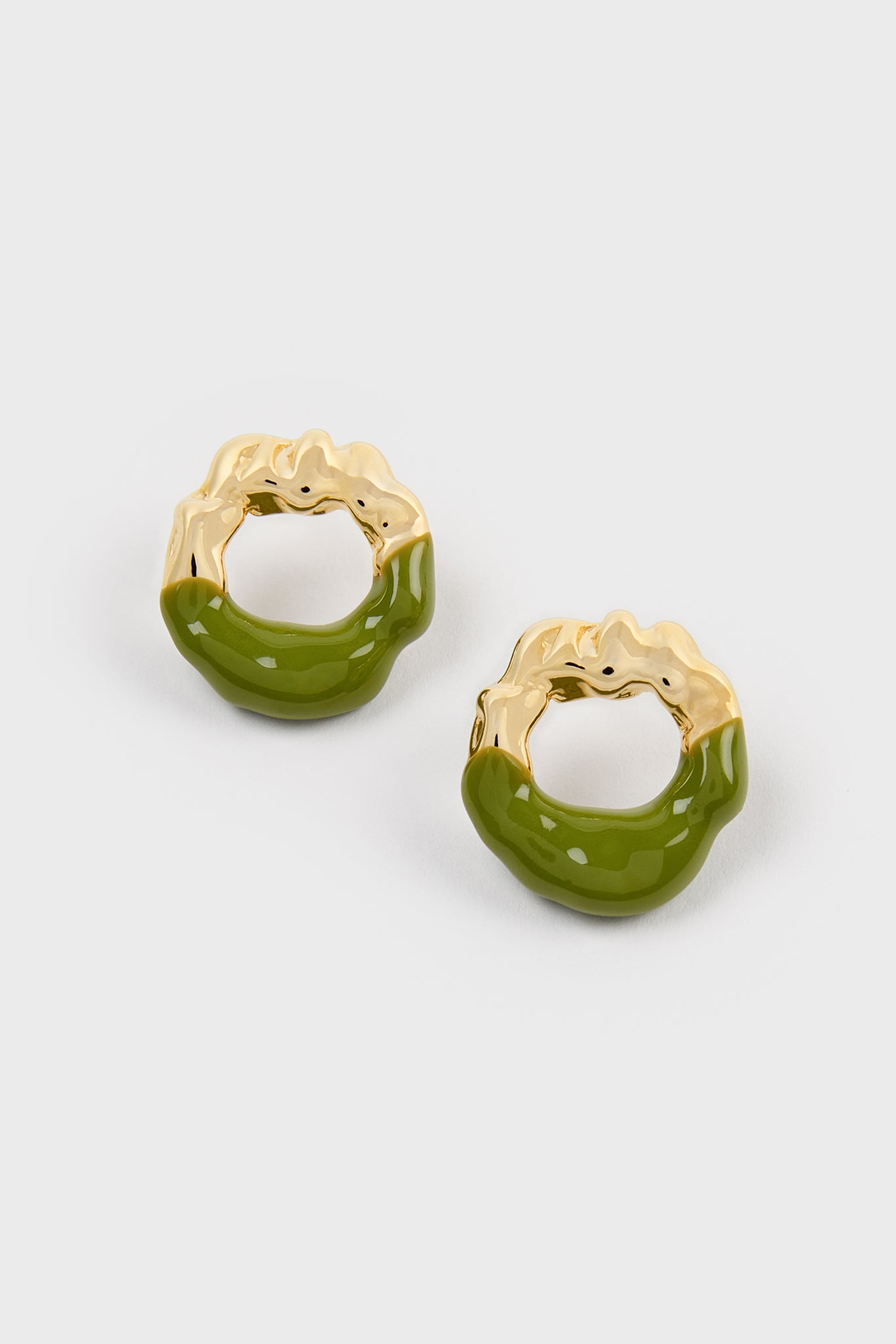 Khaki enamel dipped gold organic circle earrings_2