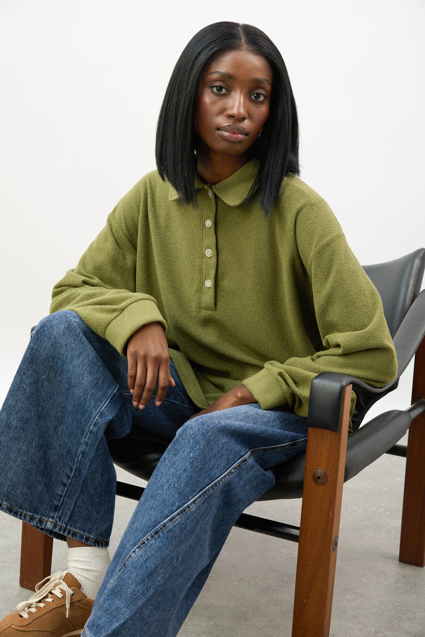 Khaki textured button up collared top_5