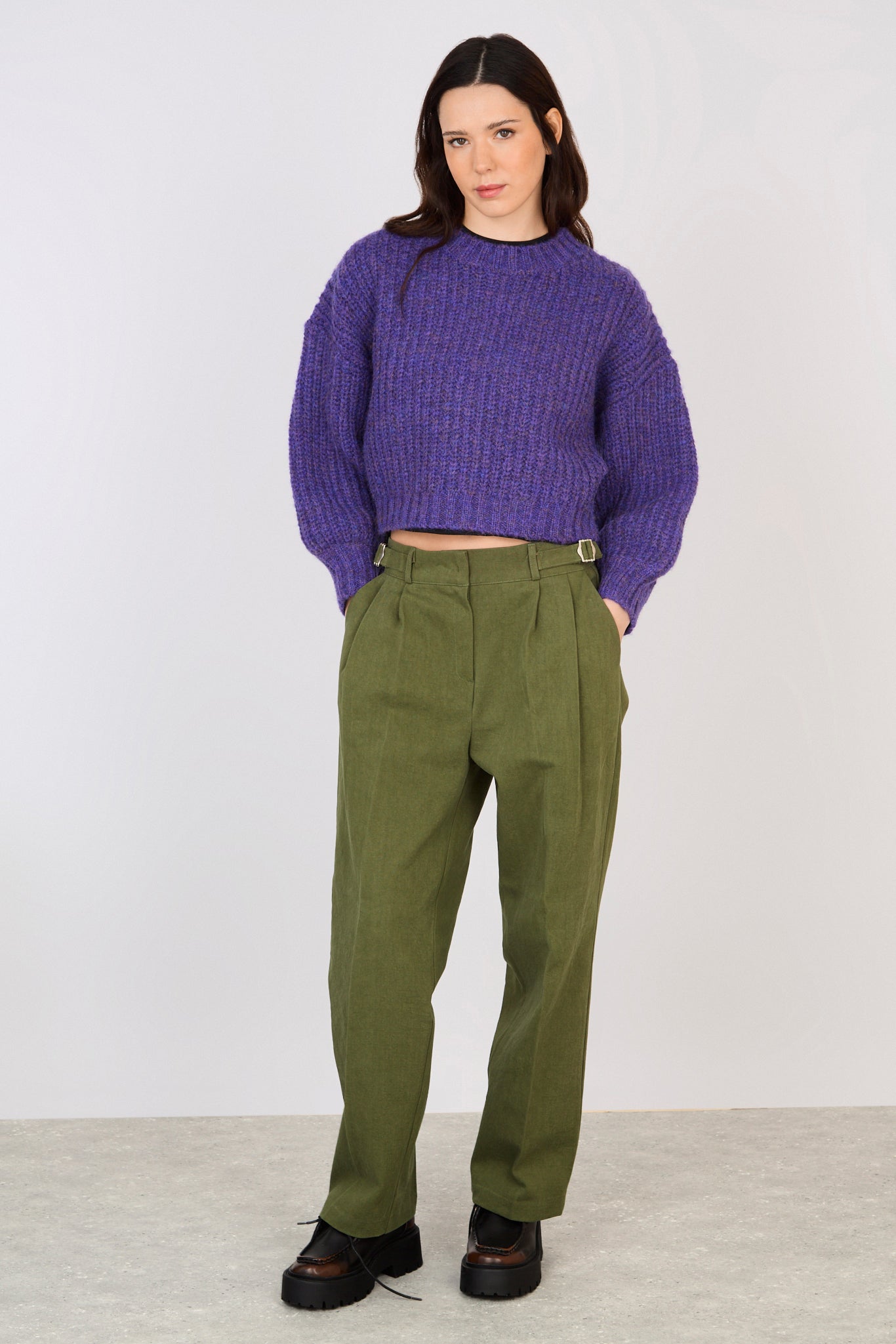 Khaki thick double side belted trousers_4