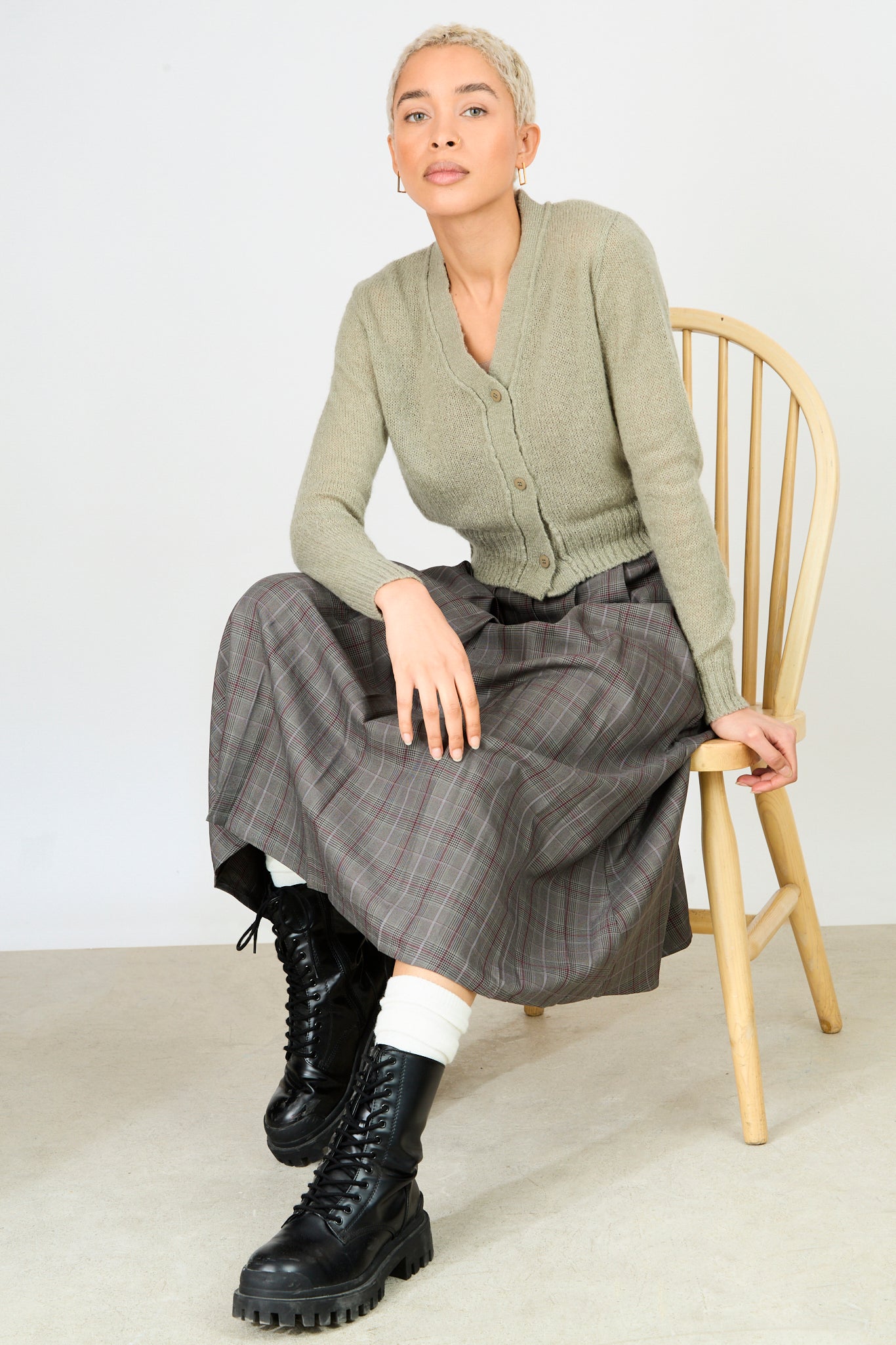 Khaki wool blend button front cardigan_5