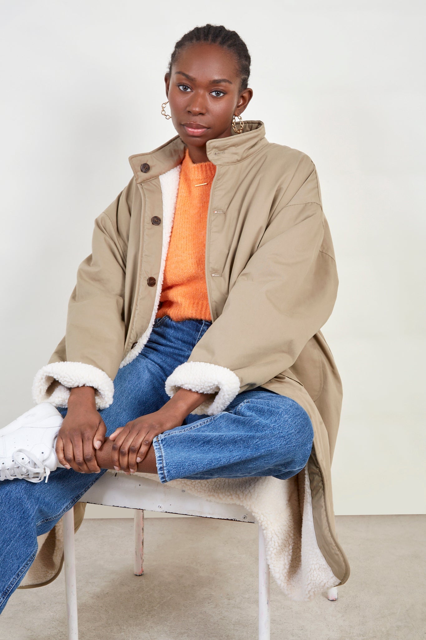 Khaki and ivory reversible teddy parka_7