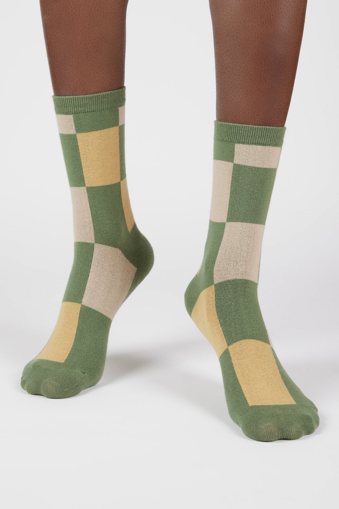 Khaki and mustard giant block check socks_4