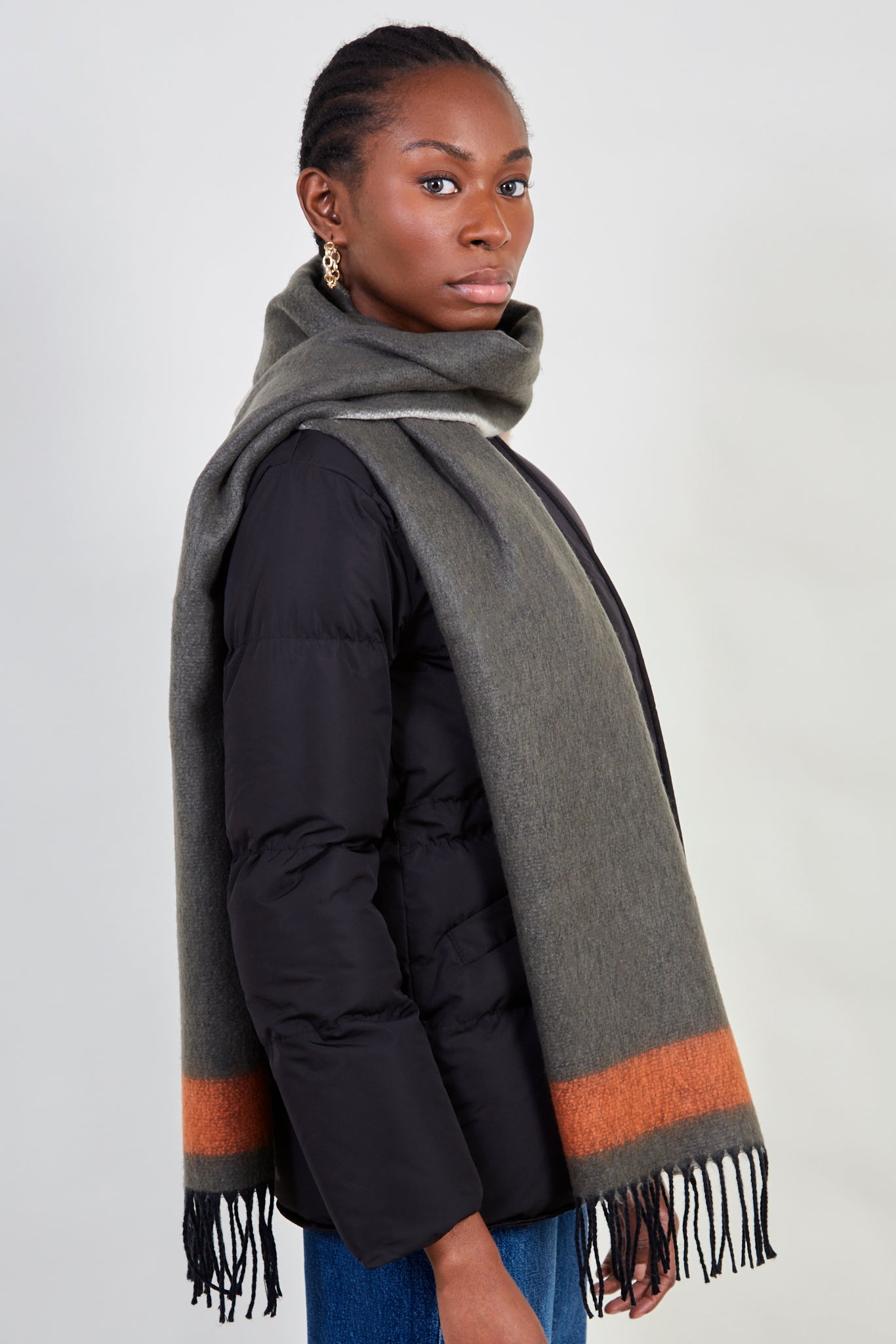 Khaki and orange contrast block fringe scarf_4