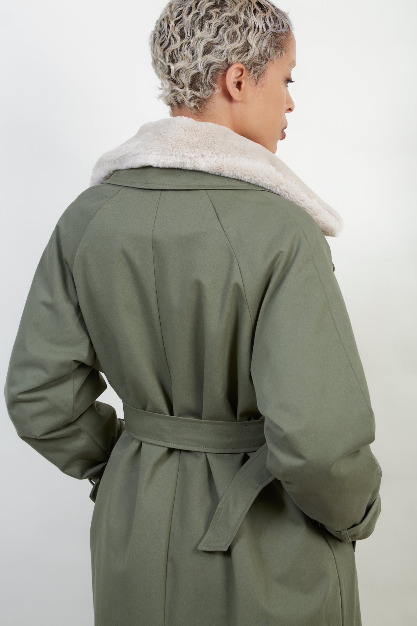 Khaki faux fur collar lined trench coat_2