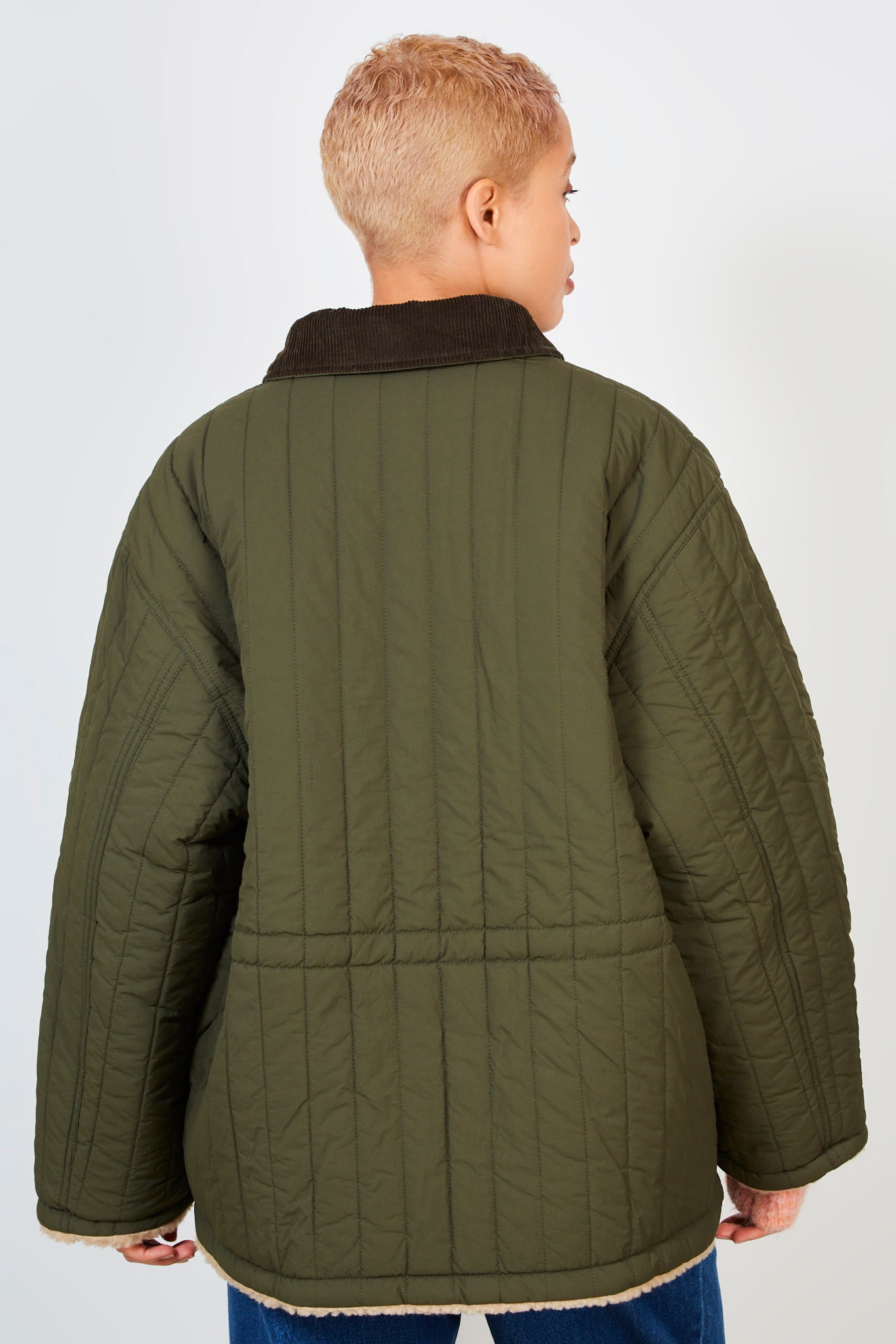 Khaki lined quilted corduroy collar coat_2