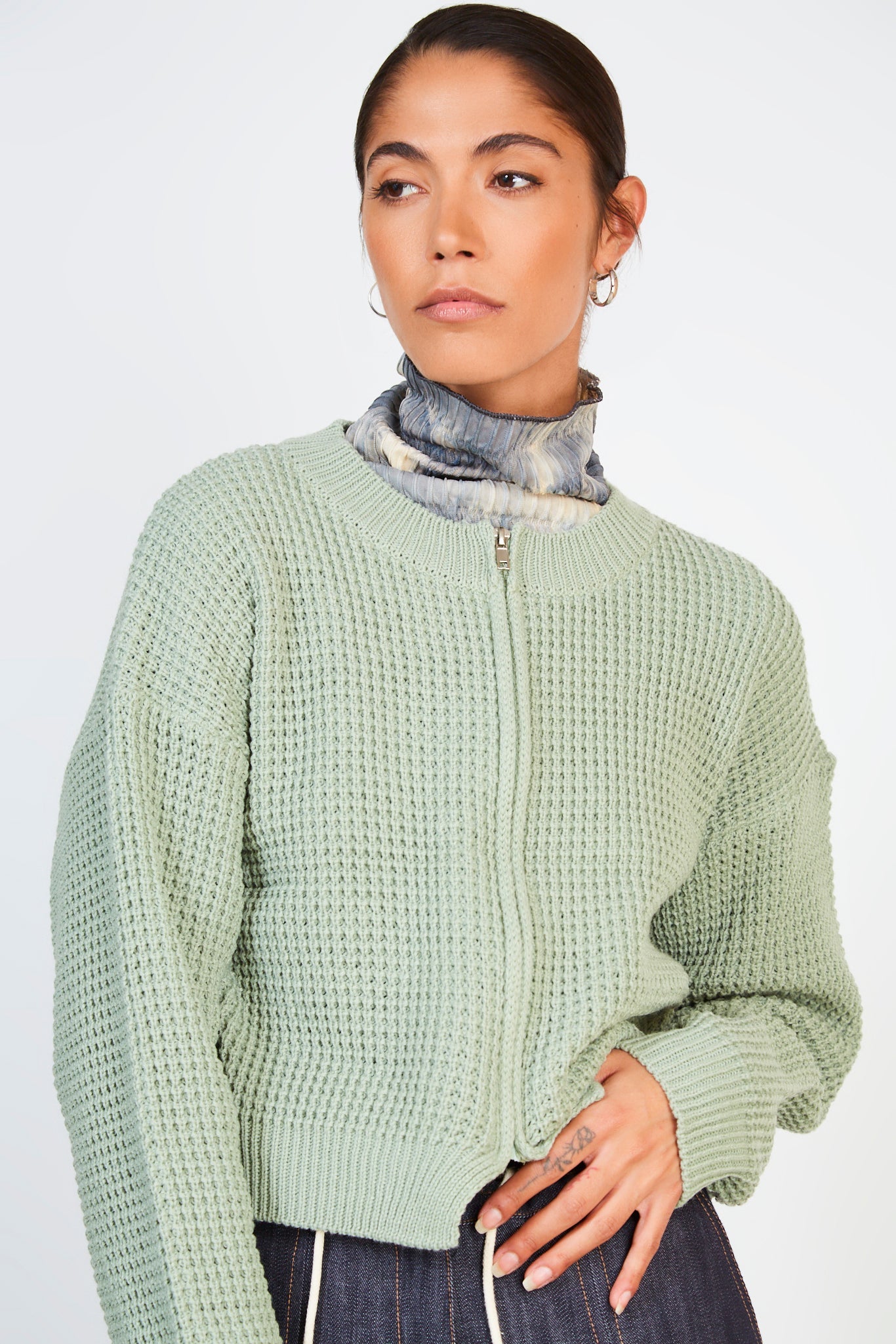 Khaki waffle knit zip cardigan_1