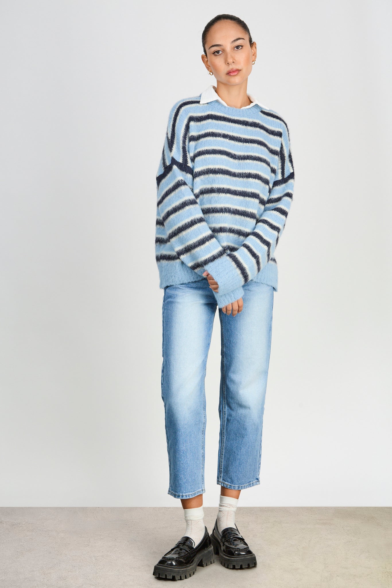 Light and dark blue alpaca wool blend striped crew neck jumper_5