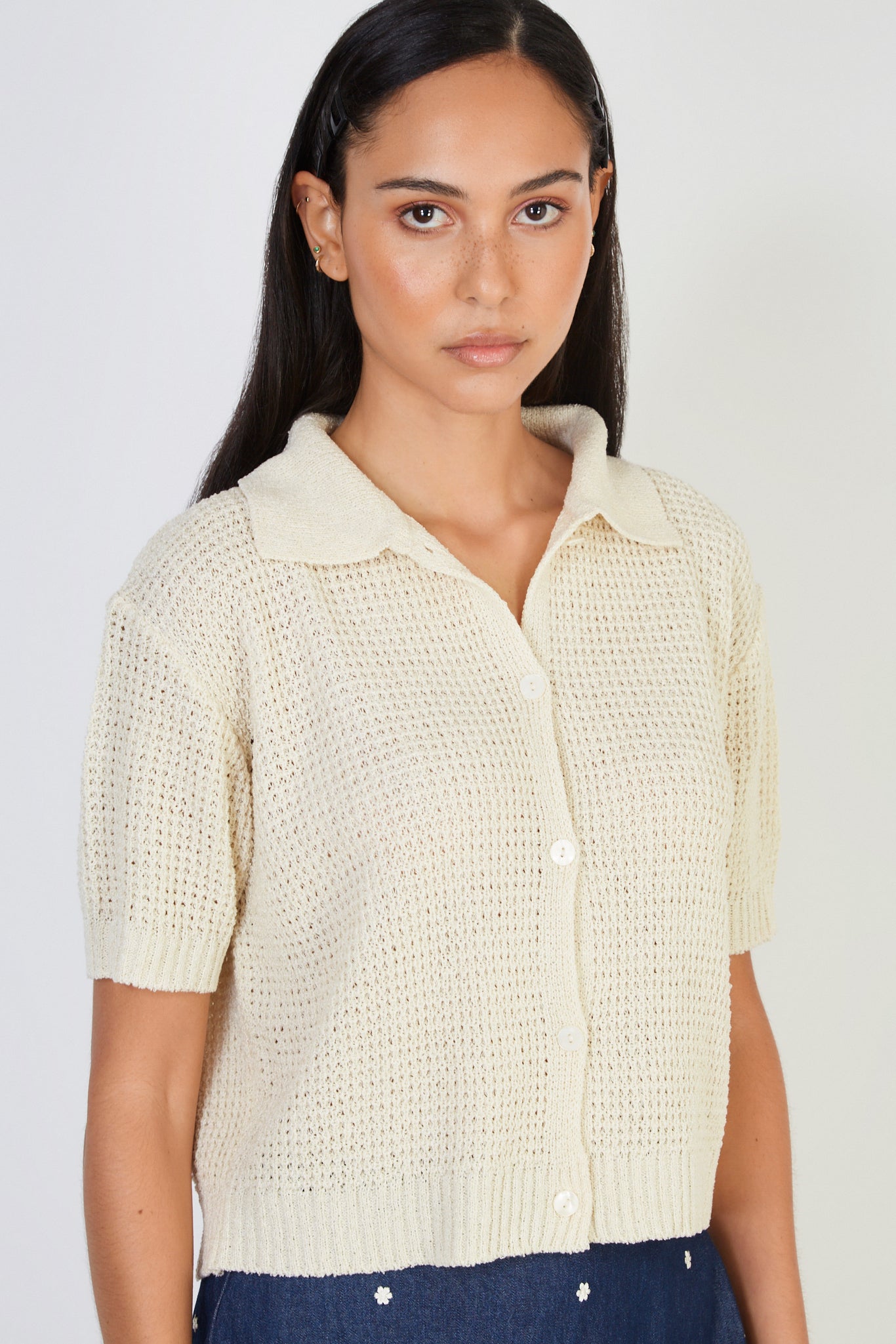 Light beige waffle knit button up tee_1