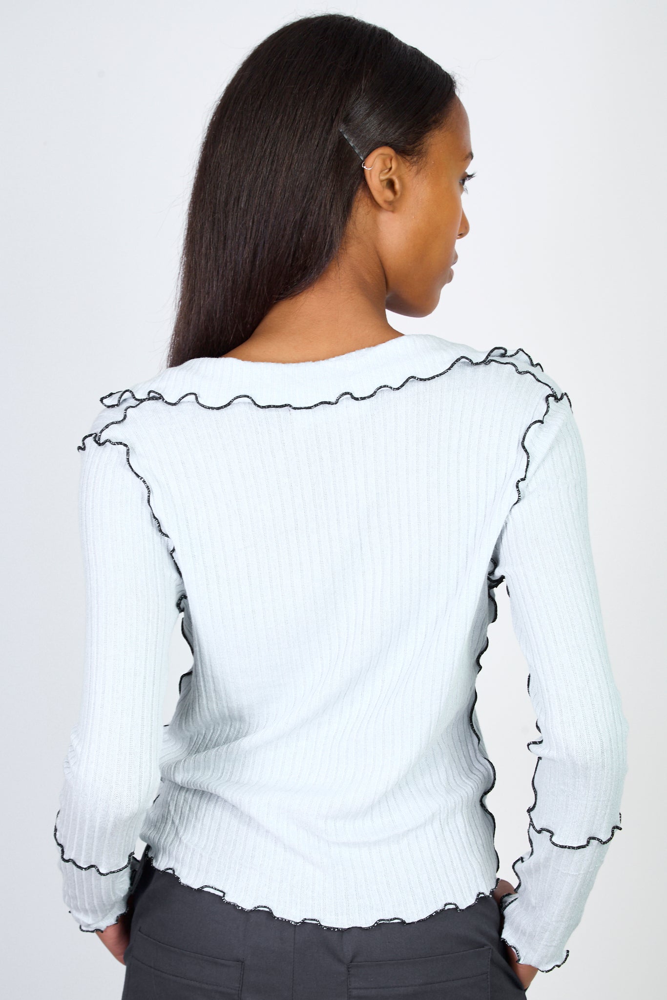 Light blue and black trim collar top_2