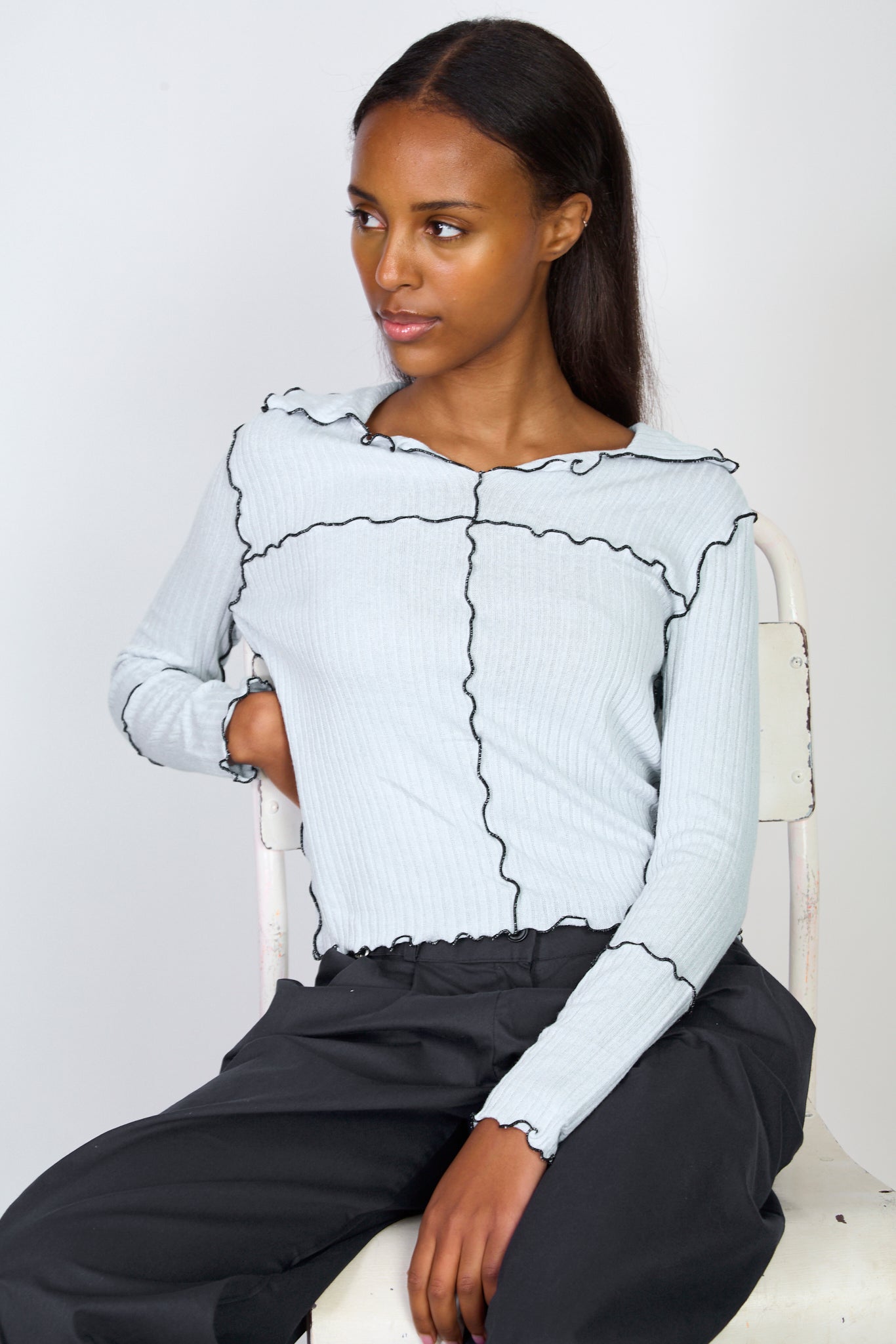 Light blue and black trim collar top_4